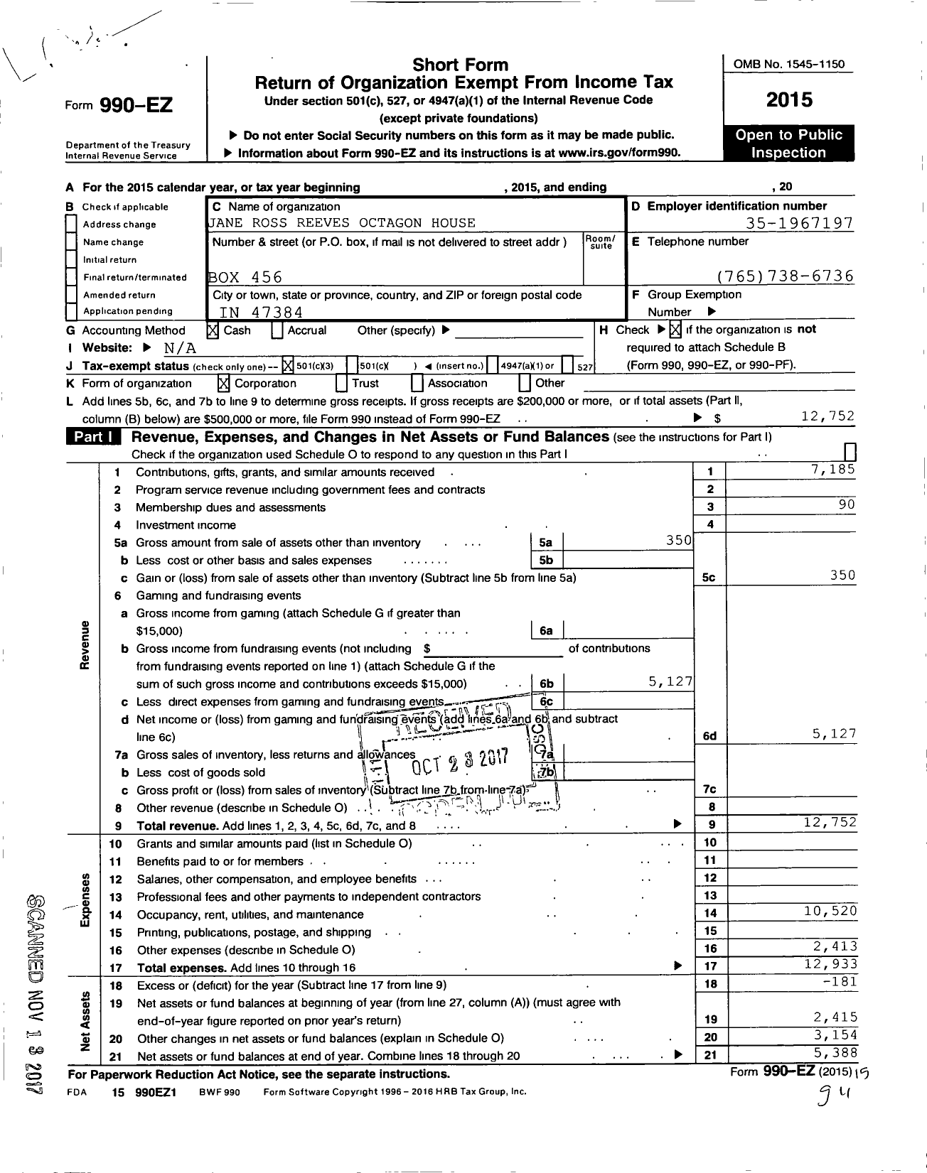 Image of first page of 2015 Form 990EZ for Jane Ross Reeves Octagon House Foundation