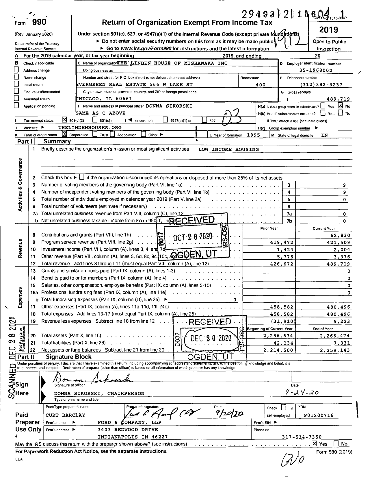 Image of first page of 2019 Form 990 for The Linden House of Mishawaka