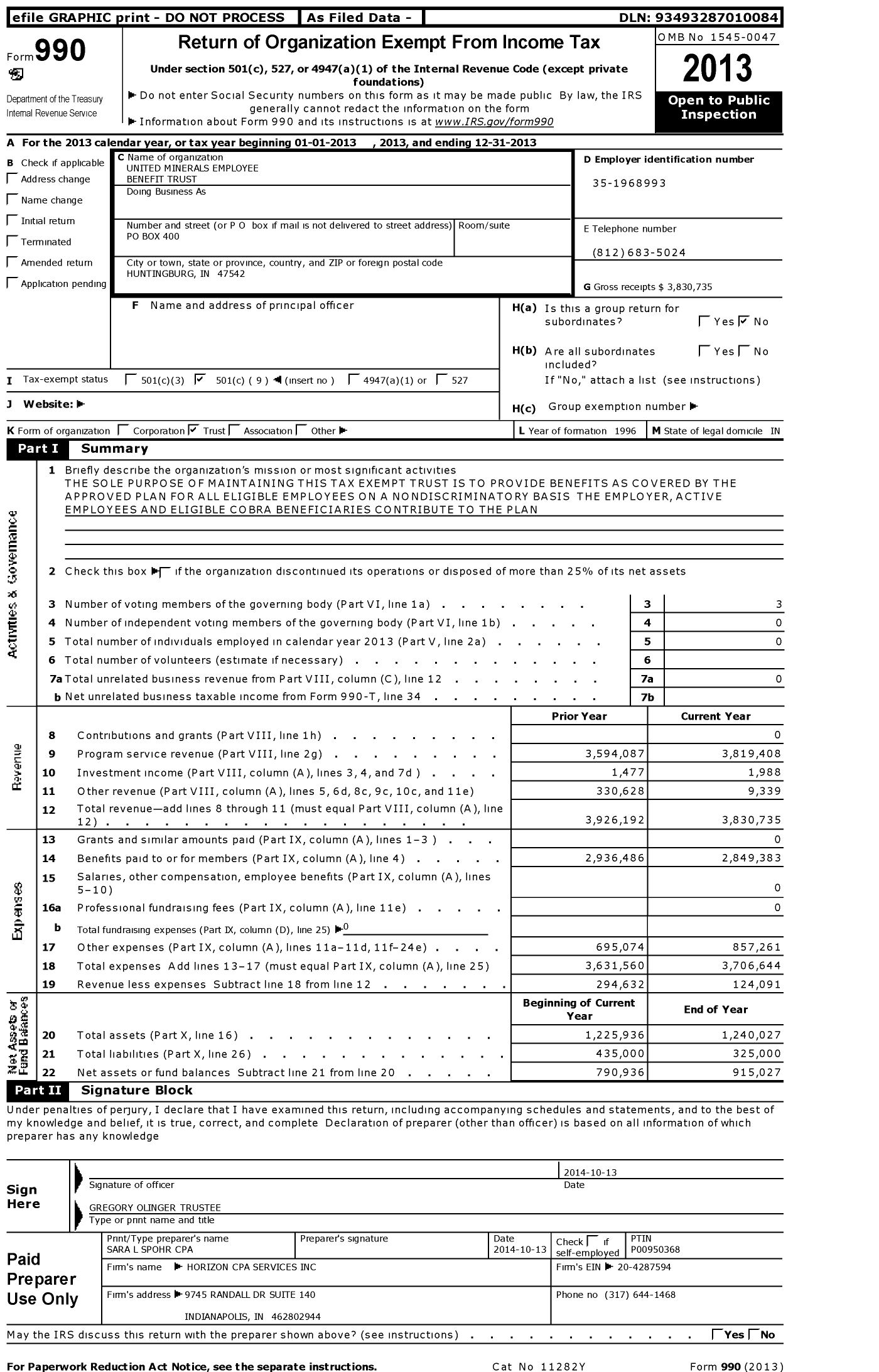Image of first page of 2013 Form 990O for United Minerals Employee Benefit Trust
