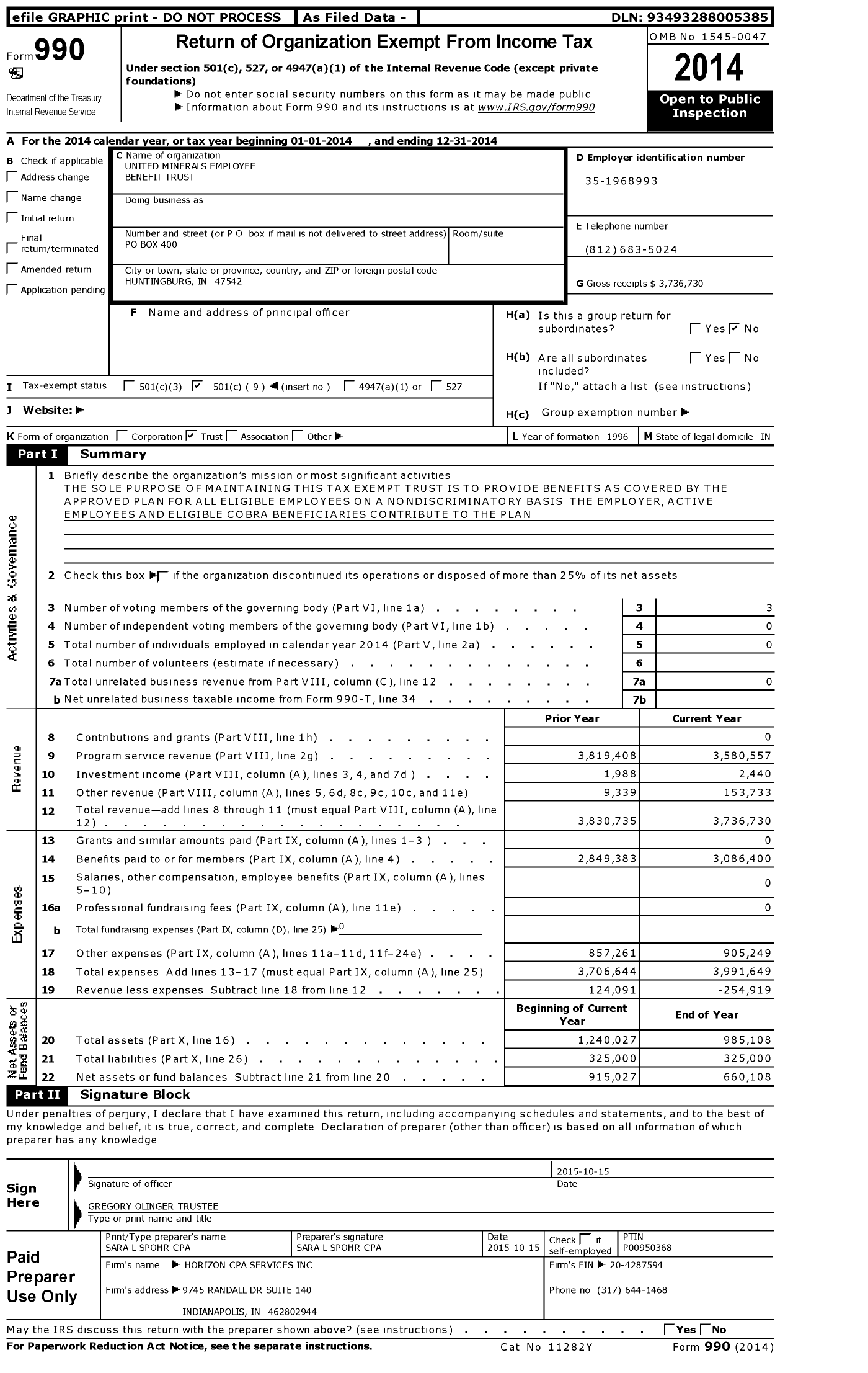Image of first page of 2014 Form 990O for United Minerals Employee Benefit Trust