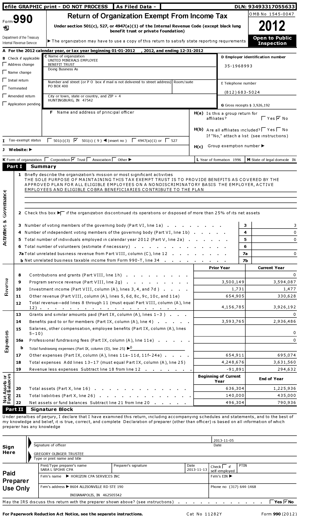 Image of first page of 2012 Form 990O for United Minerals Employee Benefit Trust