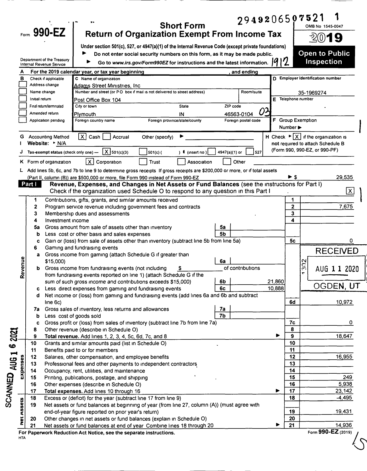 Image of first page of 2019 Form 990EZ for Adams Street Ministries