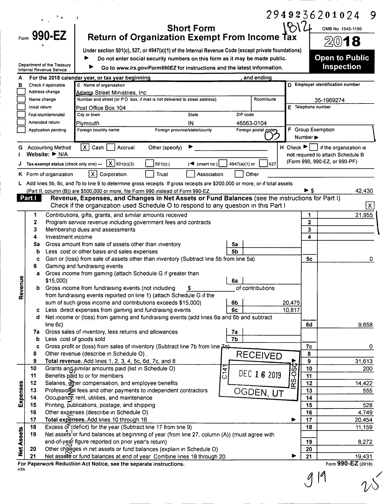 Image of first page of 2018 Form 990EZ for Adams Street Ministries