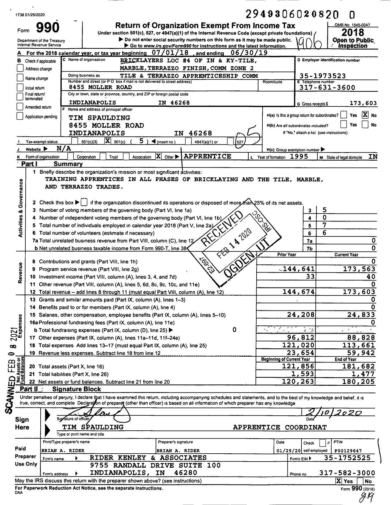 Image of first page of 2018 Form 990O for Tile and Terrazzo Apprenticeship Comm