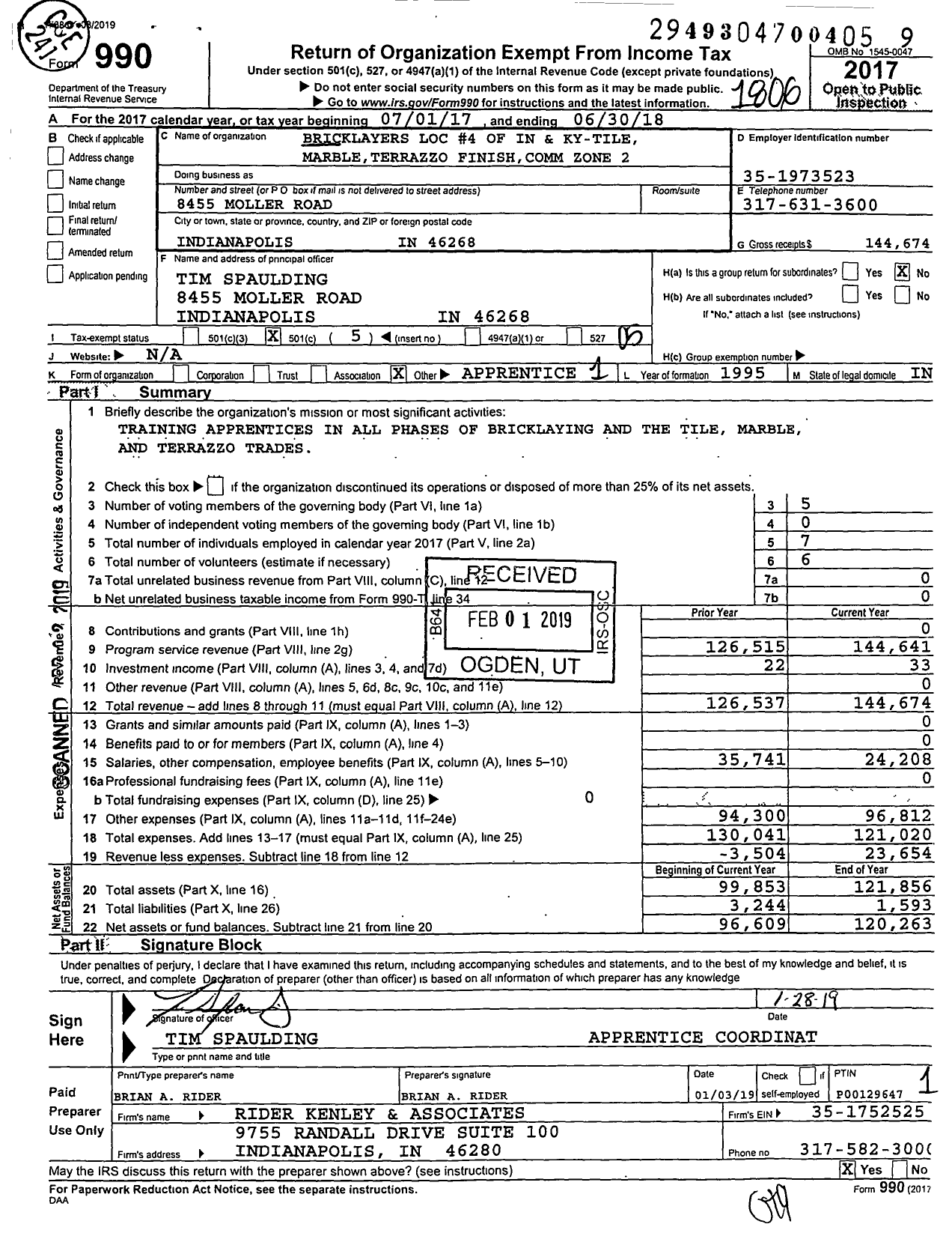 Image of first page of 2017 Form 990O for Tile and Terrazzo Apprenticeship Comm