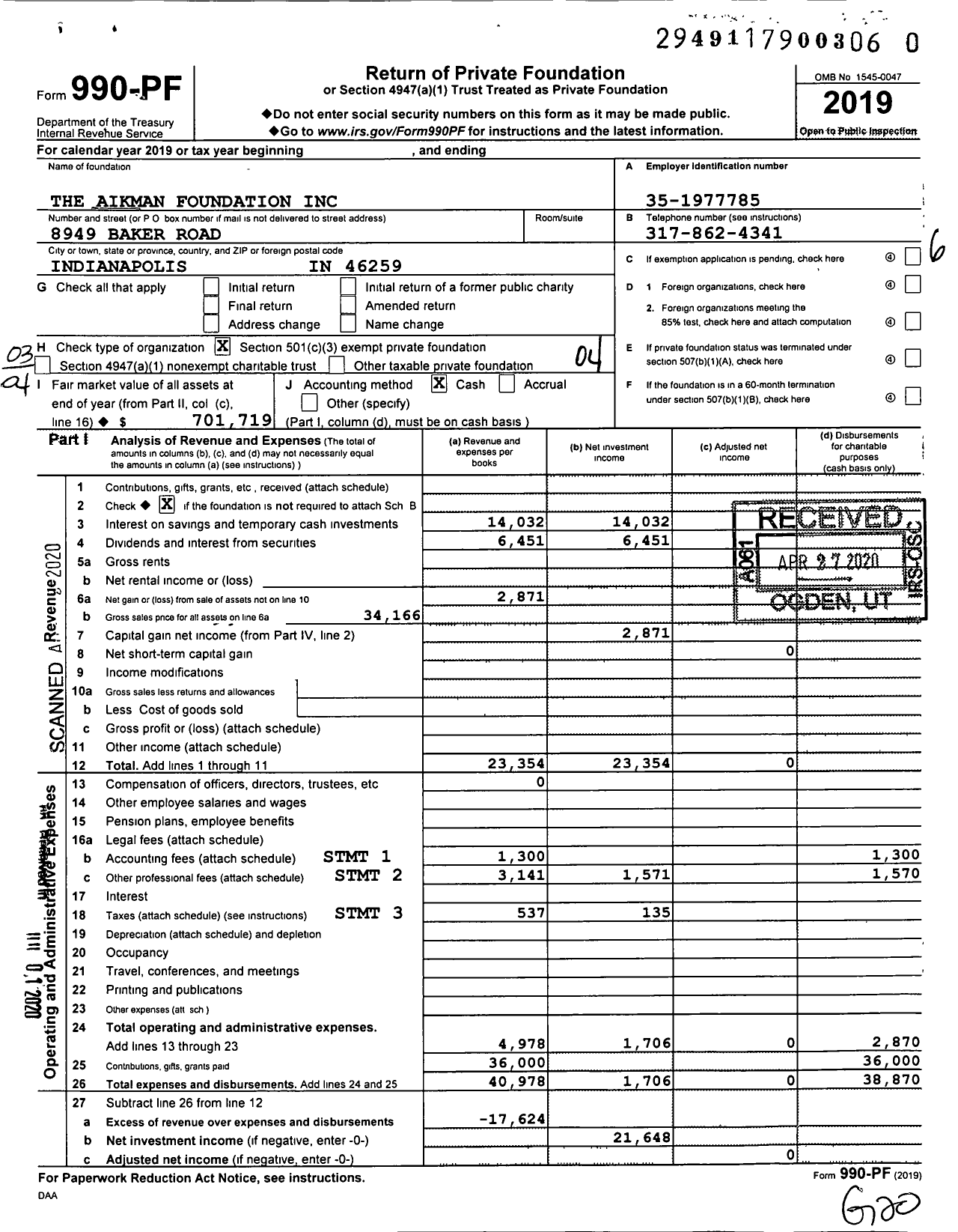 Image of first page of 2019 Form 990PR for The Aikman Foundation