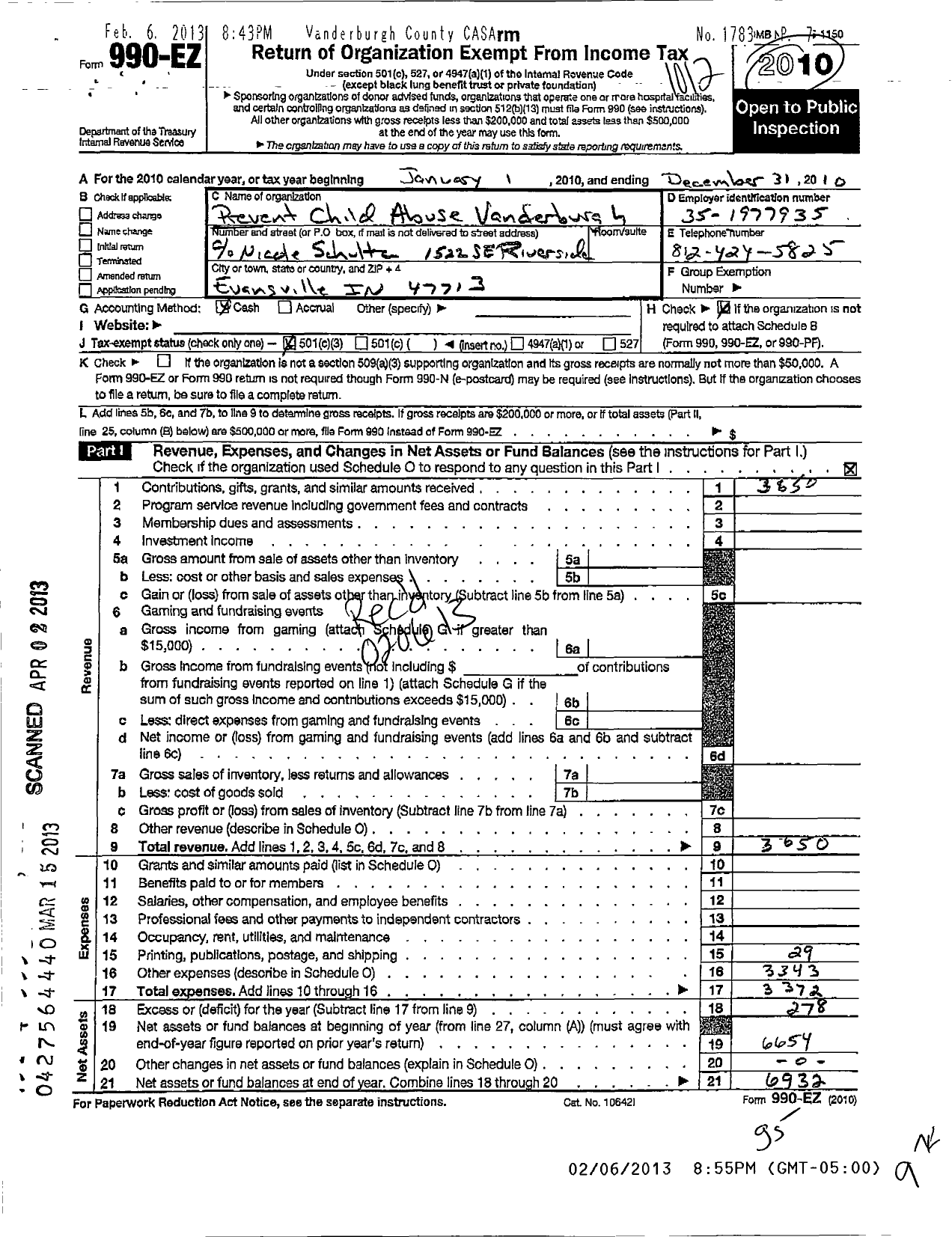 Image of first page of 2010 Form 990EZ for Prevent Child Abuse Vanderburgh