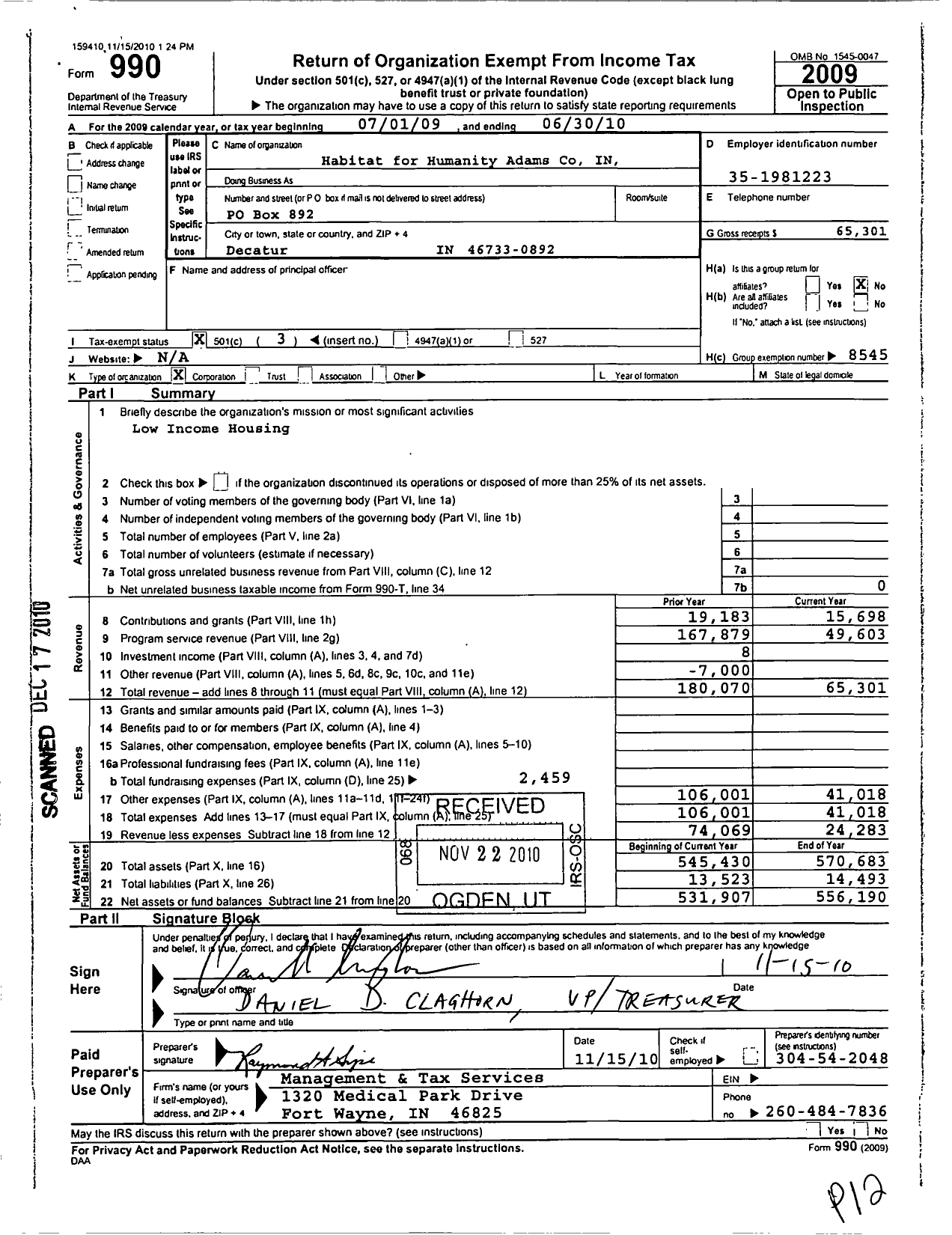 Image of first page of 2009 Form 990 for Habitat for Humanity - Adams County Indiana HFH of