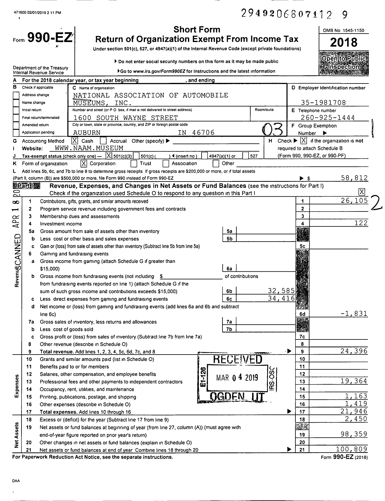 Image of first page of 2018 Form 990EZ for National Association of Automobile Museums