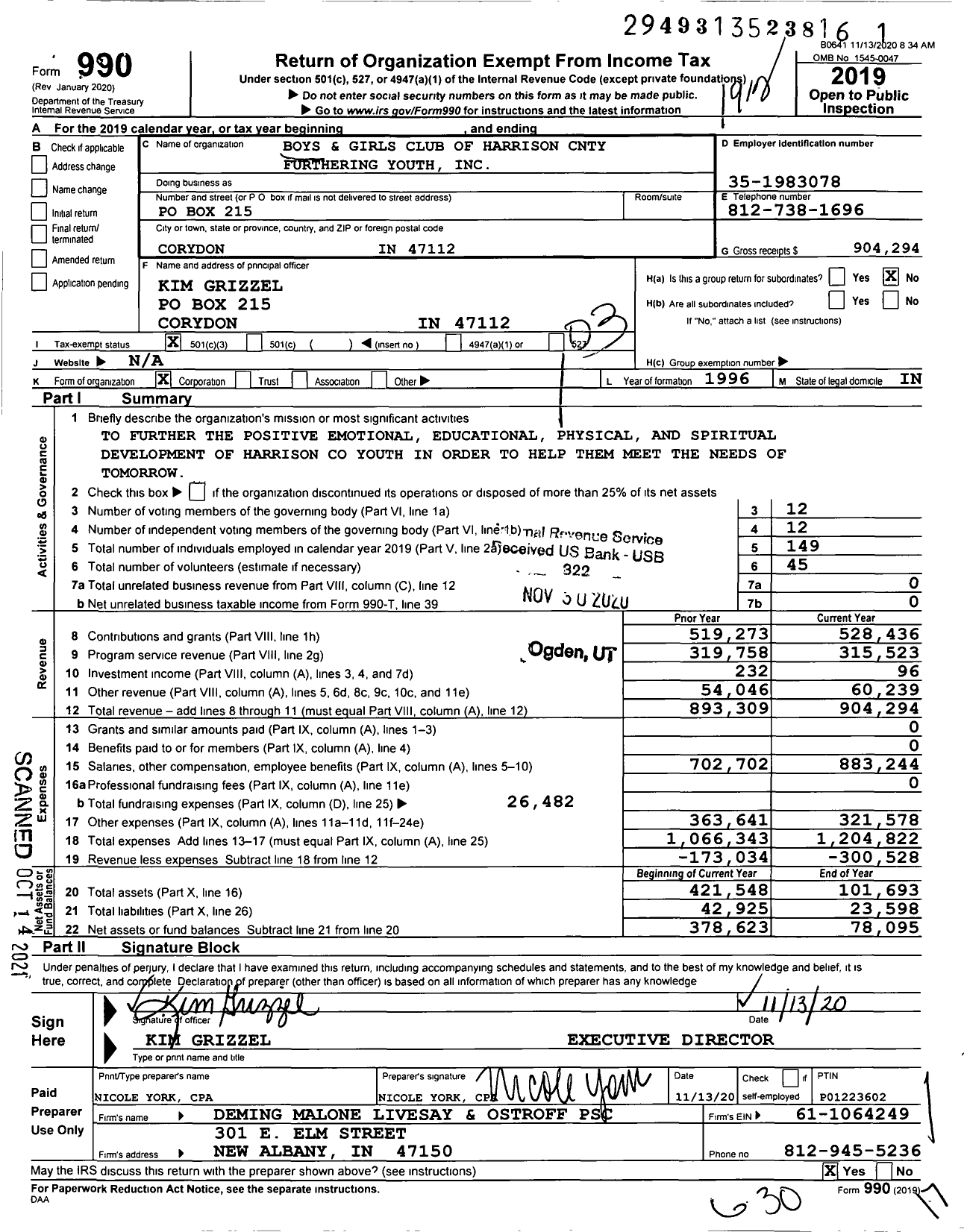Image of first page of 2019 Form 990 for Boys and Girls Club of Harrison-Crawford Counties Incorporated