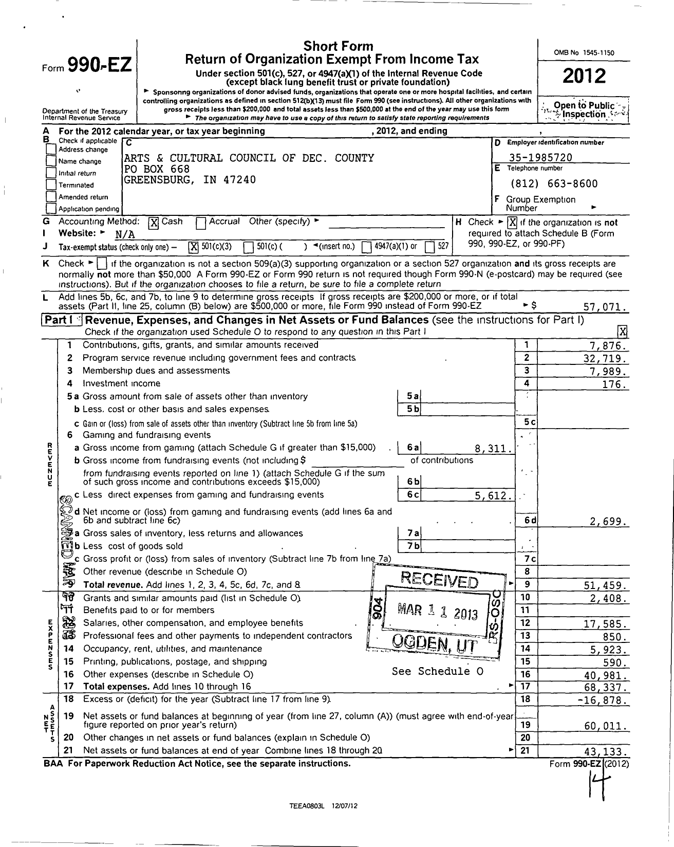 Image of first page of 2012 Form 990EZ for Arts and Cultural Council of Decatur County