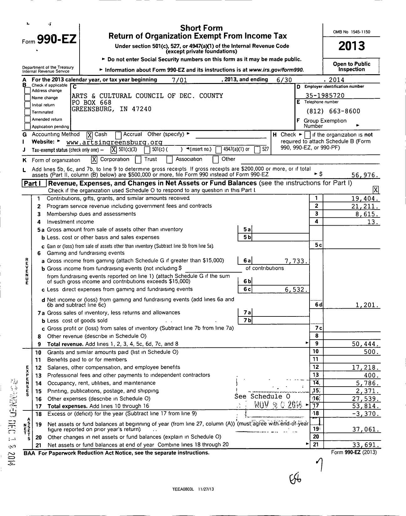 Image of first page of 2013 Form 990EZ for Arts and Cultural Council of Decatur County