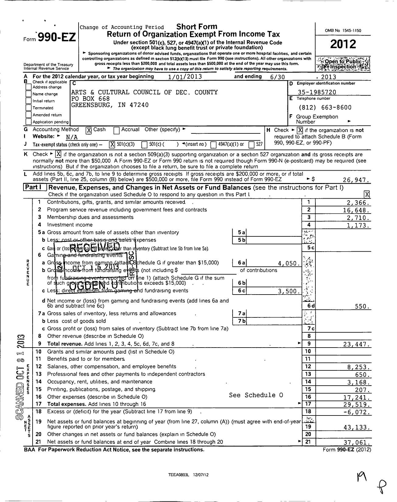 Image of first page of 2012 Form 990EZ for Arts and Cultural Council of Decatur County