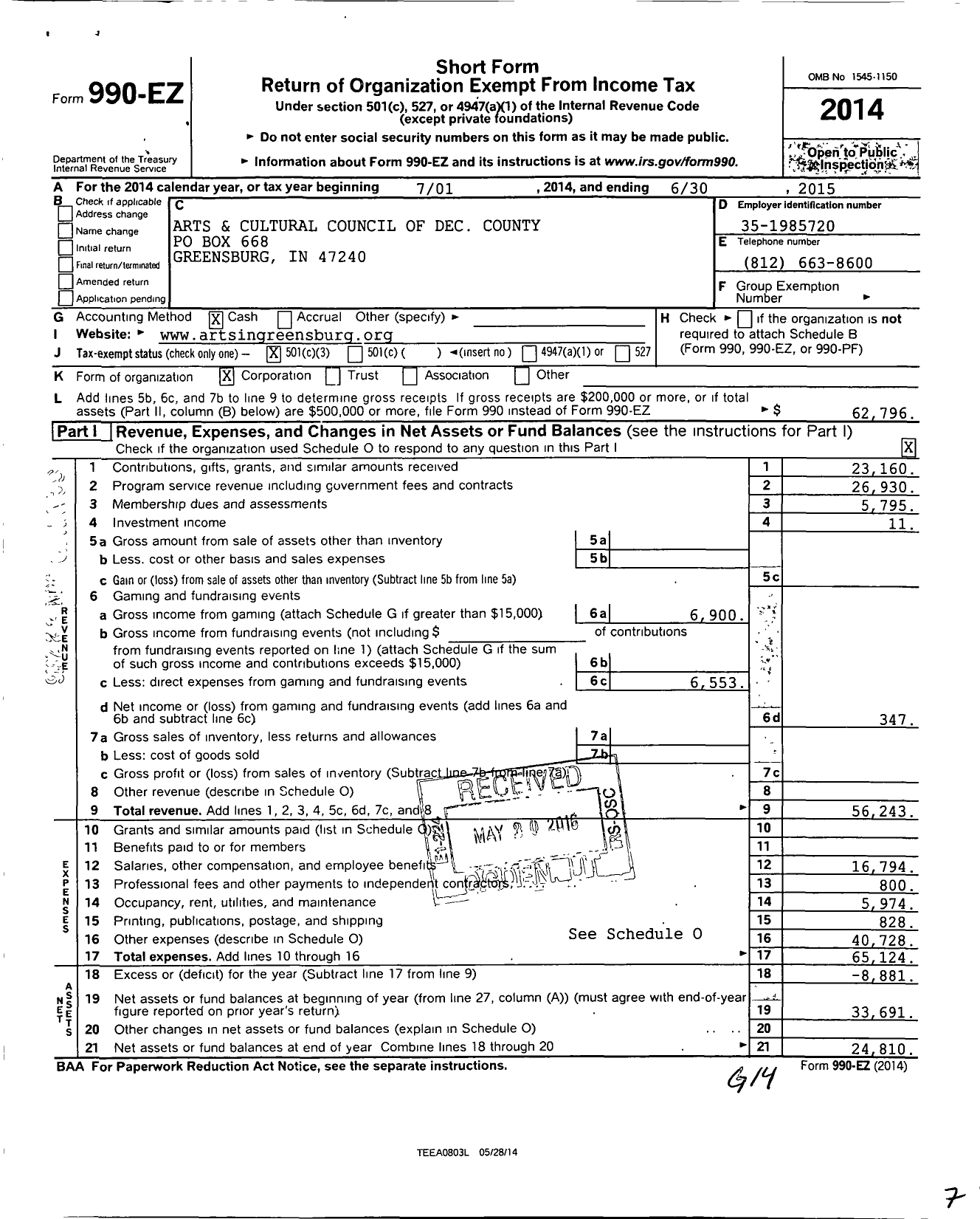 Image of first page of 2014 Form 990EZ for Arts and Cultural Council of Decatur County