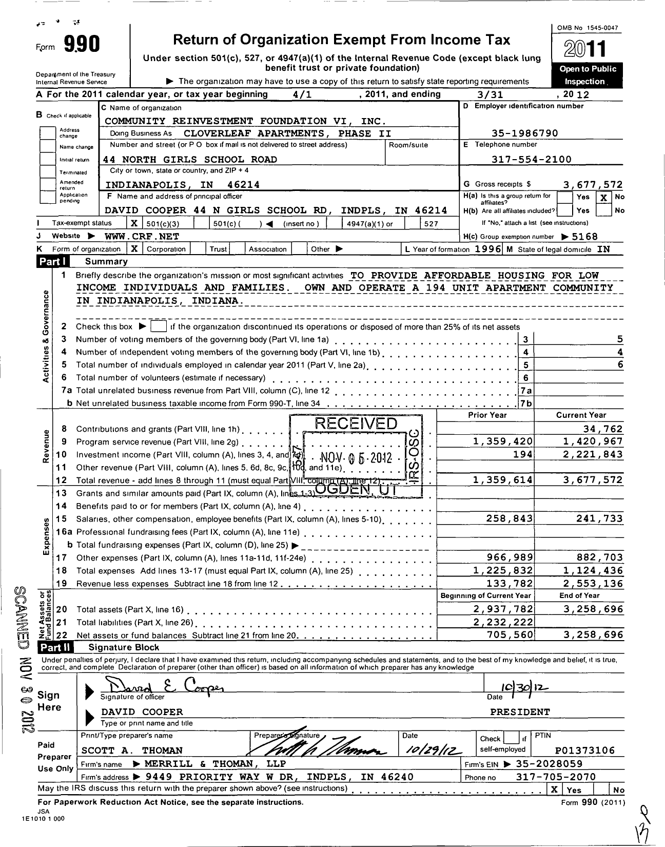 Image of first page of 2011 Form 990 for Community Reinvestment Foundation Vi Dbal Cloverleaf Apartments Phase Ii