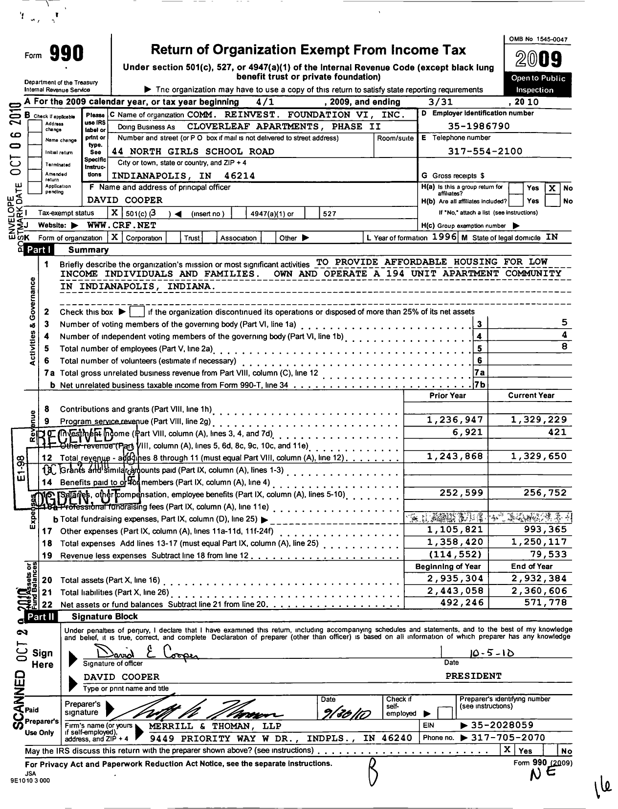 Image of first page of 2009 Form 990 for Community Reinvestment Foundation Vi Dbal Cloverleaf Apartments Phase Ii