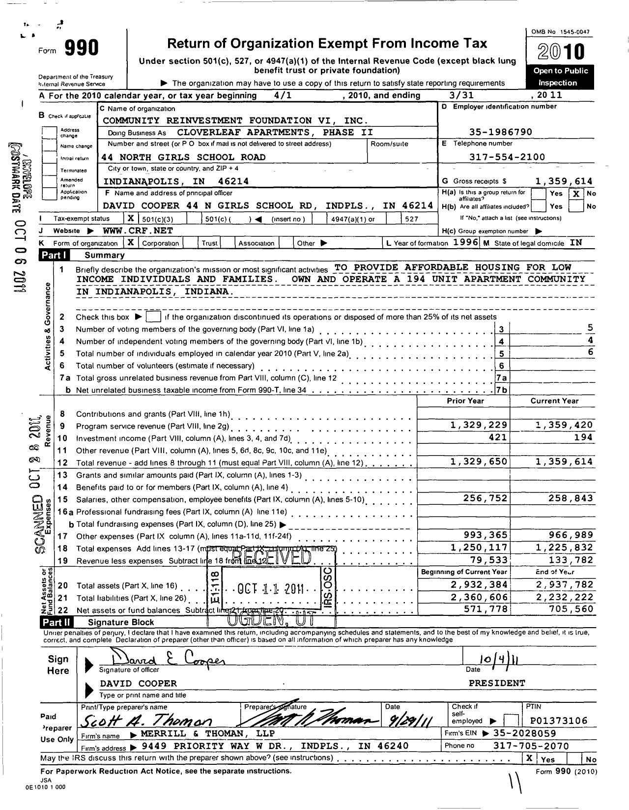 Image of first page of 2010 Form 990 for Community Reinvestment Foundation Vi Dbal Cloverleaf Apartments Phase Ii