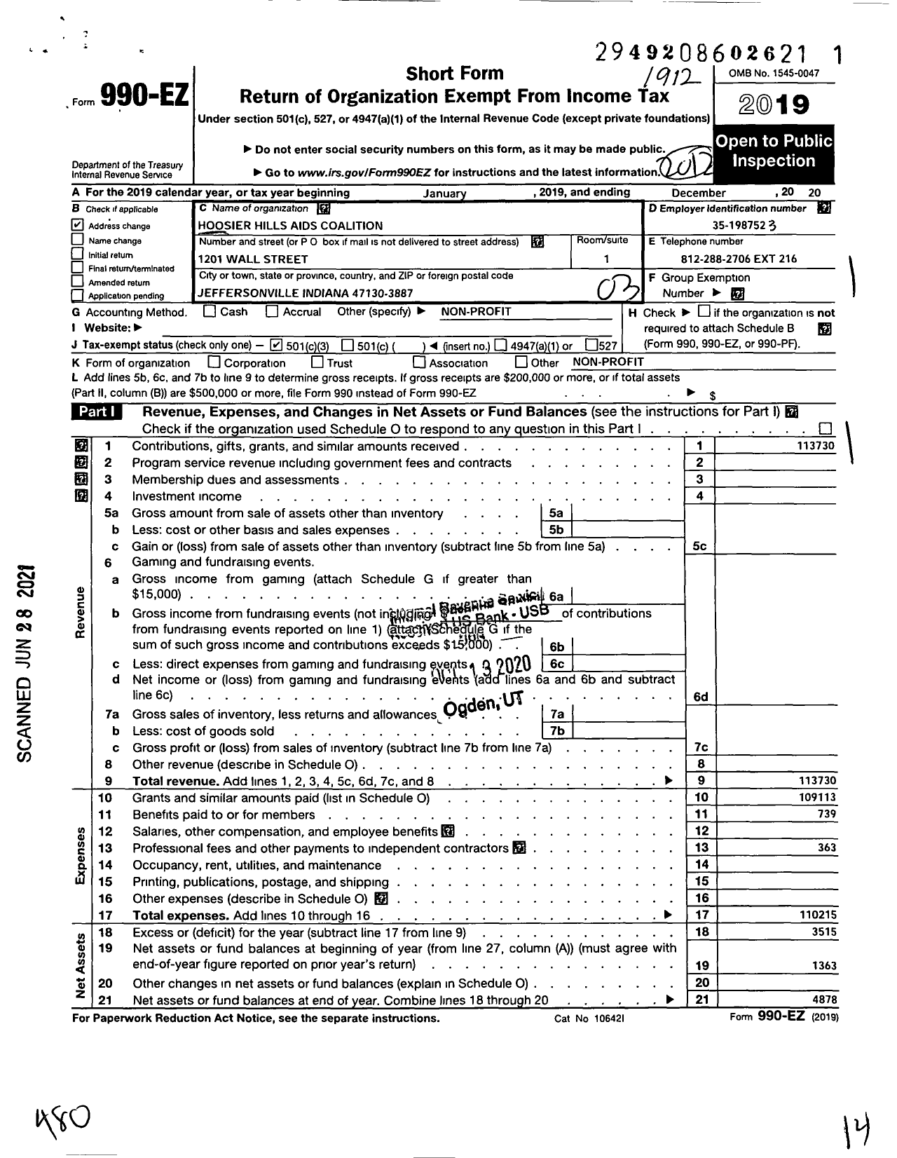 Image of first page of 2019 Form 990EZ for Hoosier Hills AIDS Coalition (HHAC)