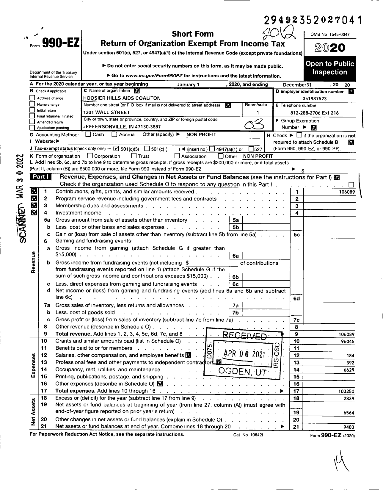 Image of first page of 2020 Form 990EZ for Hoosier Hills AIDS Coalition (HHAC)