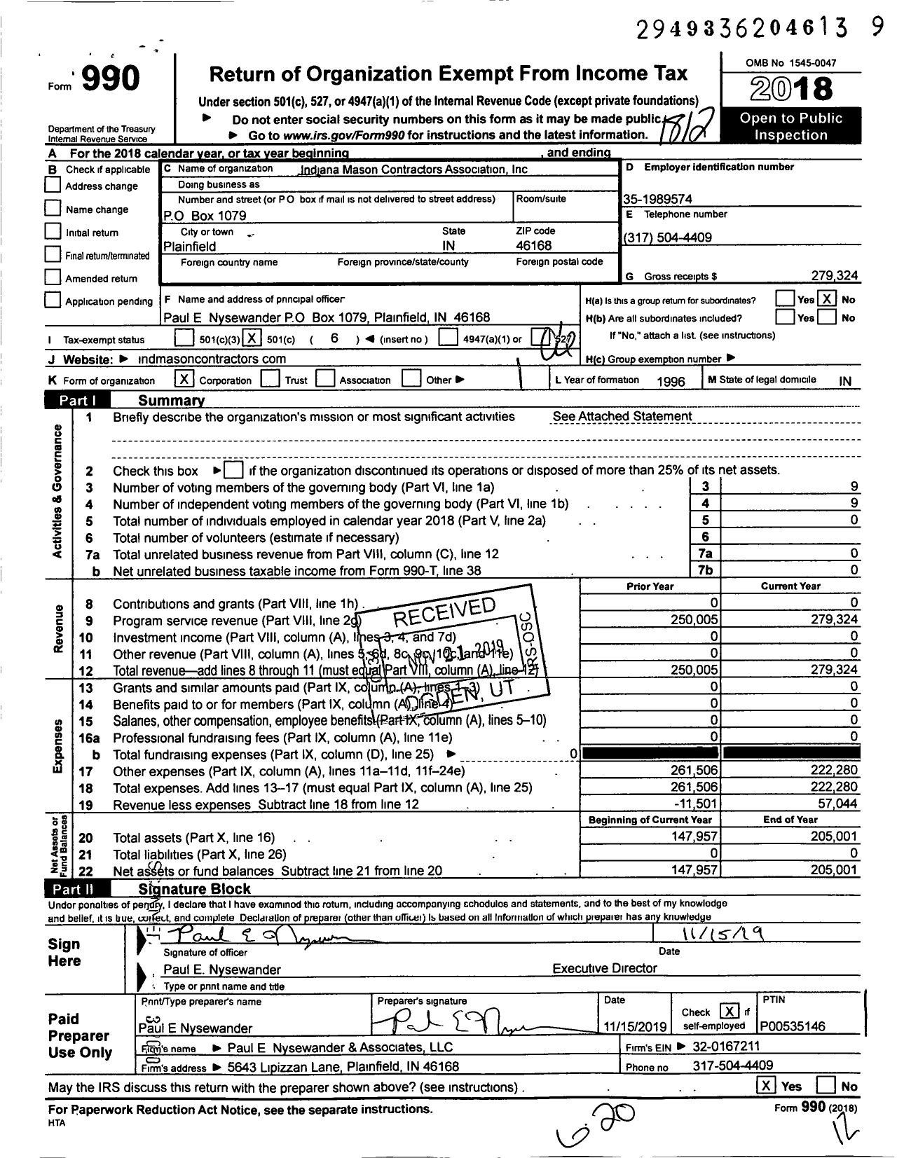 Image of first page of 2018 Form 990O for Indiana Mason Contractors Association (IMCA)