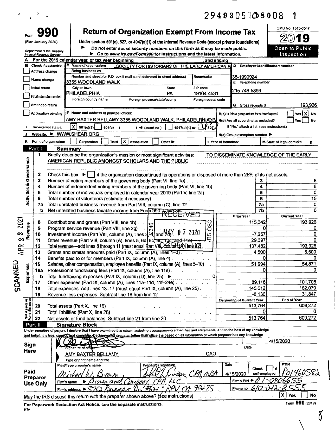 Image of first page of 2019 Form 990 for Society for Historians of the Early American Republic