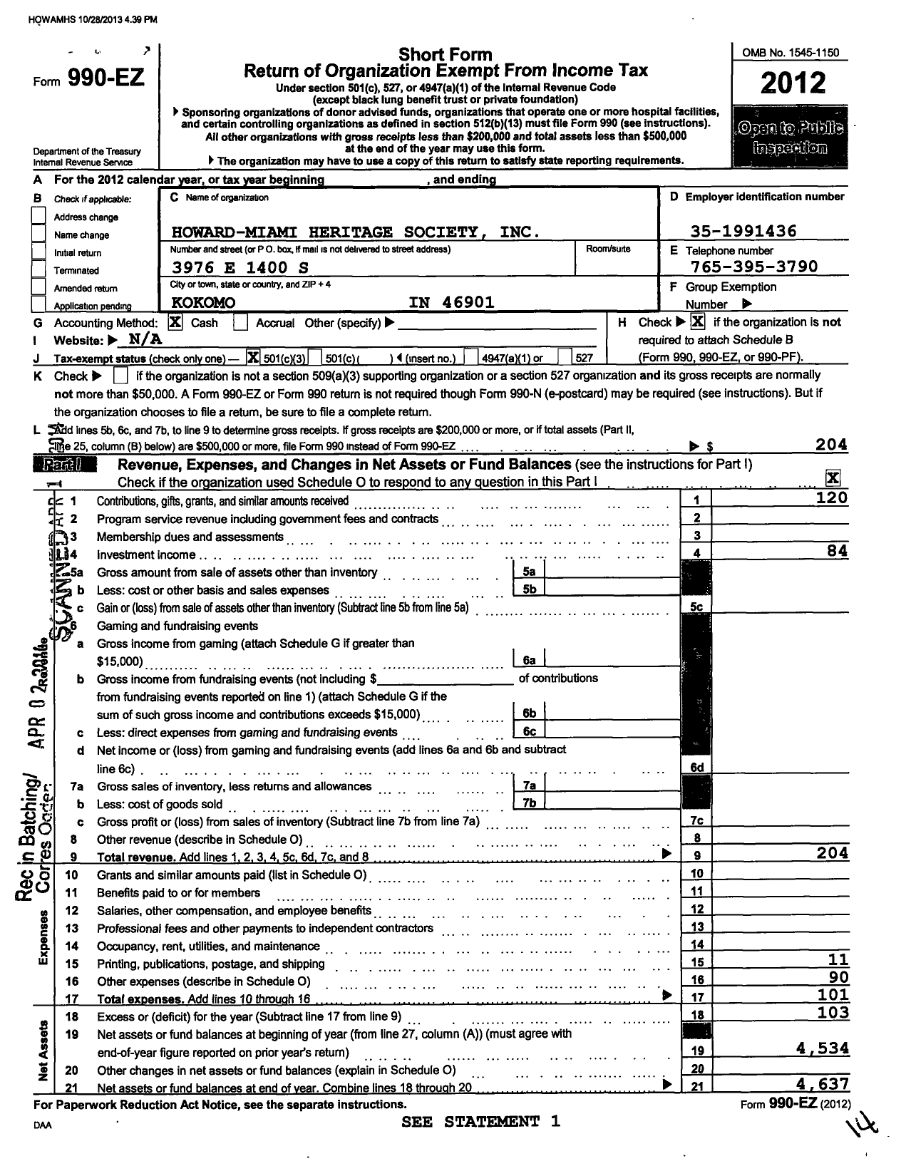 Image of first page of 2012 Form 990EZ for Howard Miami Heritage Society