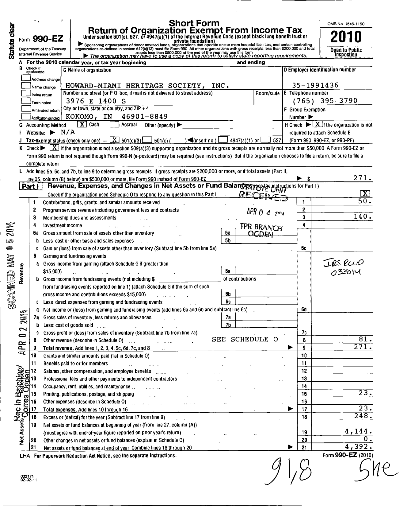 Image of first page of 2010 Form 990EZ for Howard Miami Heritage Society