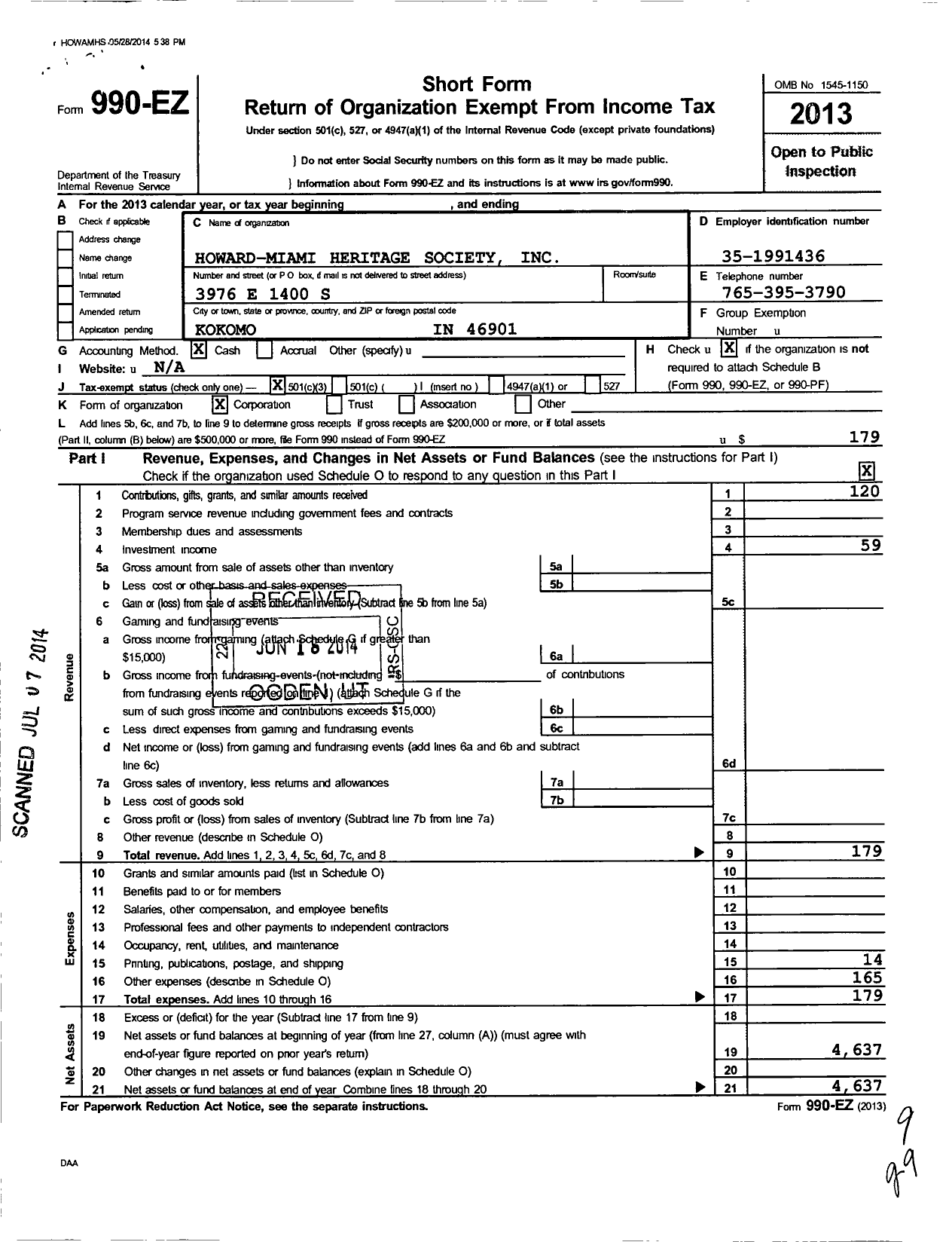 Image of first page of 2013 Form 990EZ for Howard Miami Heritage Society