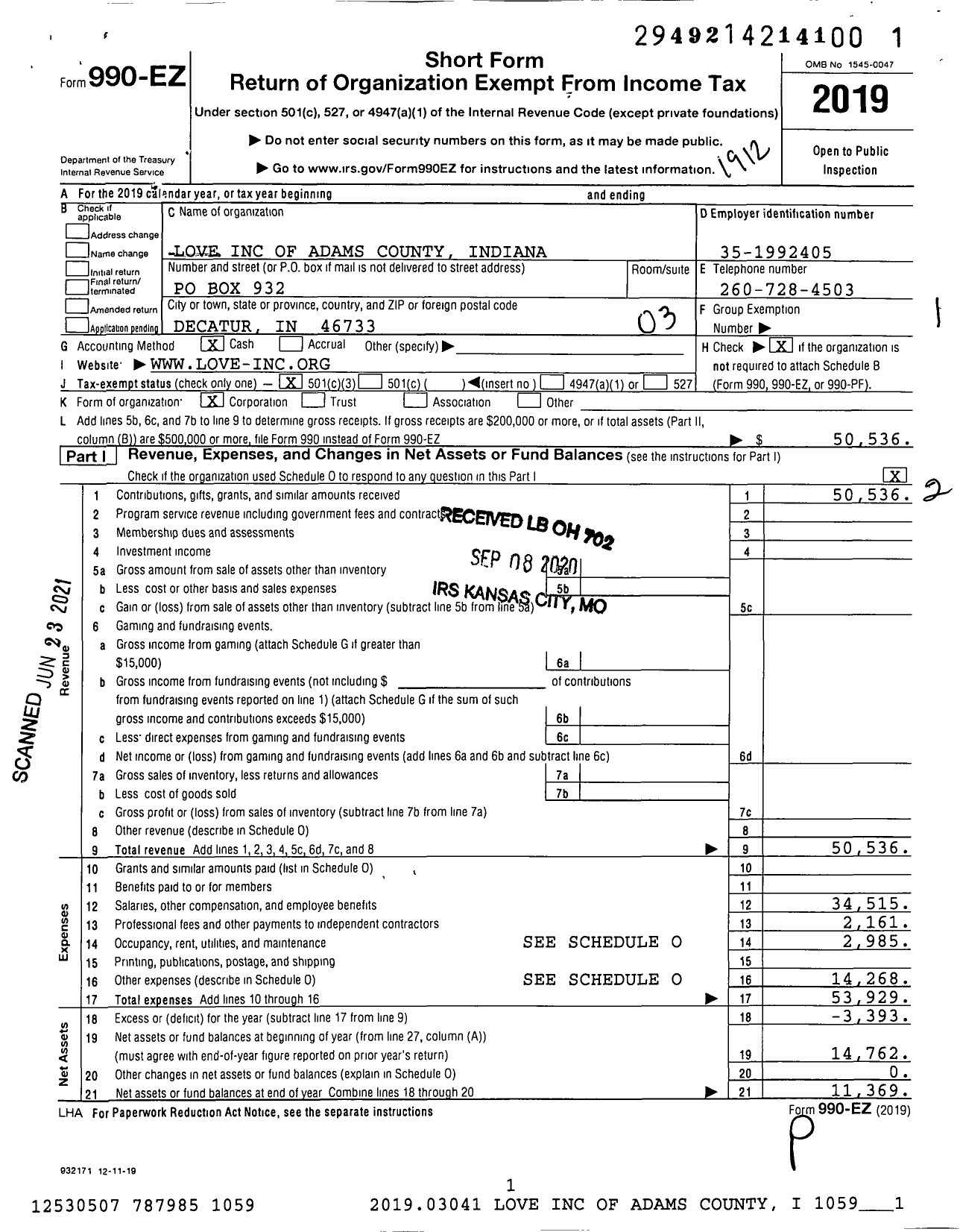 Image of first page of 2019 Form 990EZ for Love of Adams County Indiana