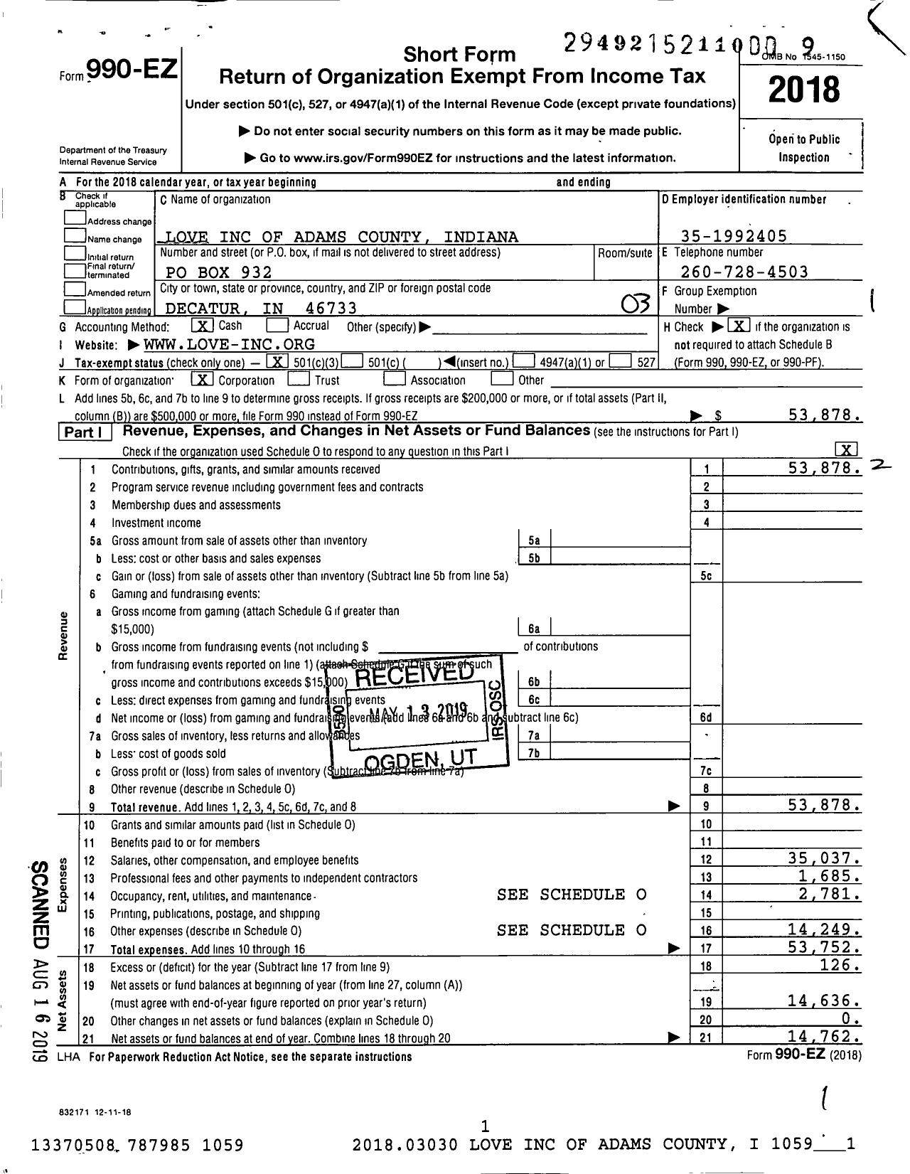 Image of first page of 2018 Form 990EZ for Love of Adams County Indiana