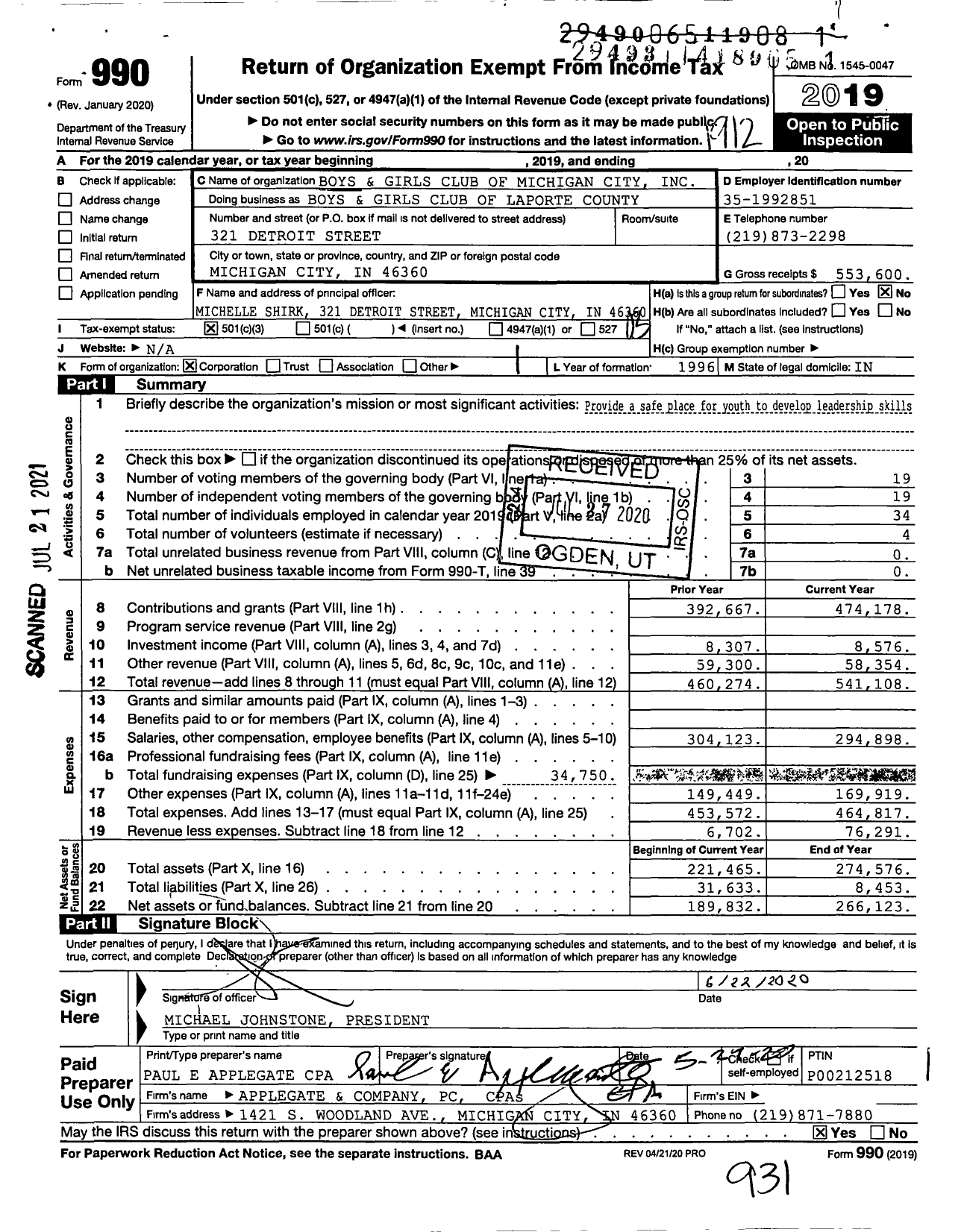 Image of first page of 2019 Form 990 for Boys and Girls Clubs of La Porte County