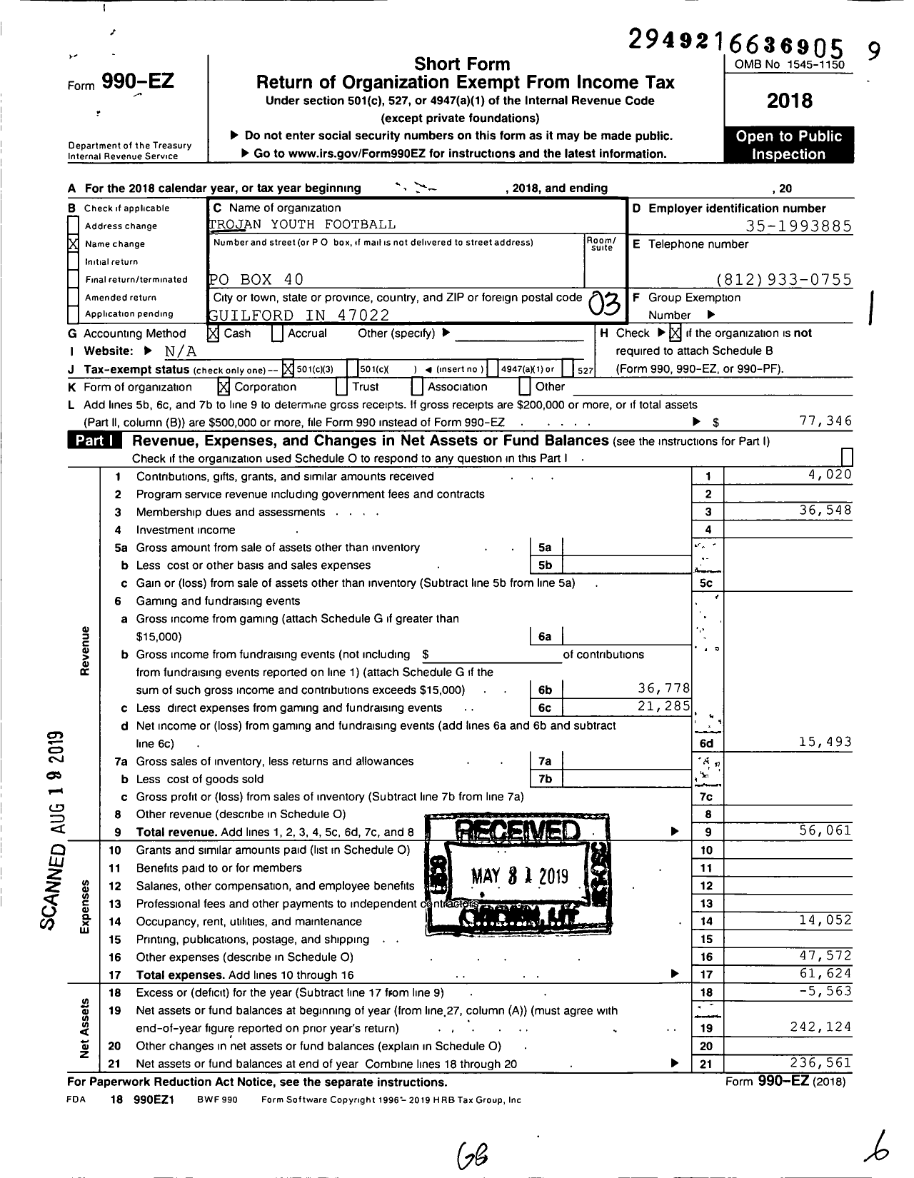 Image of first page of 2018 Form 990EZ for Sunman Dearborn Youth Athletic Association