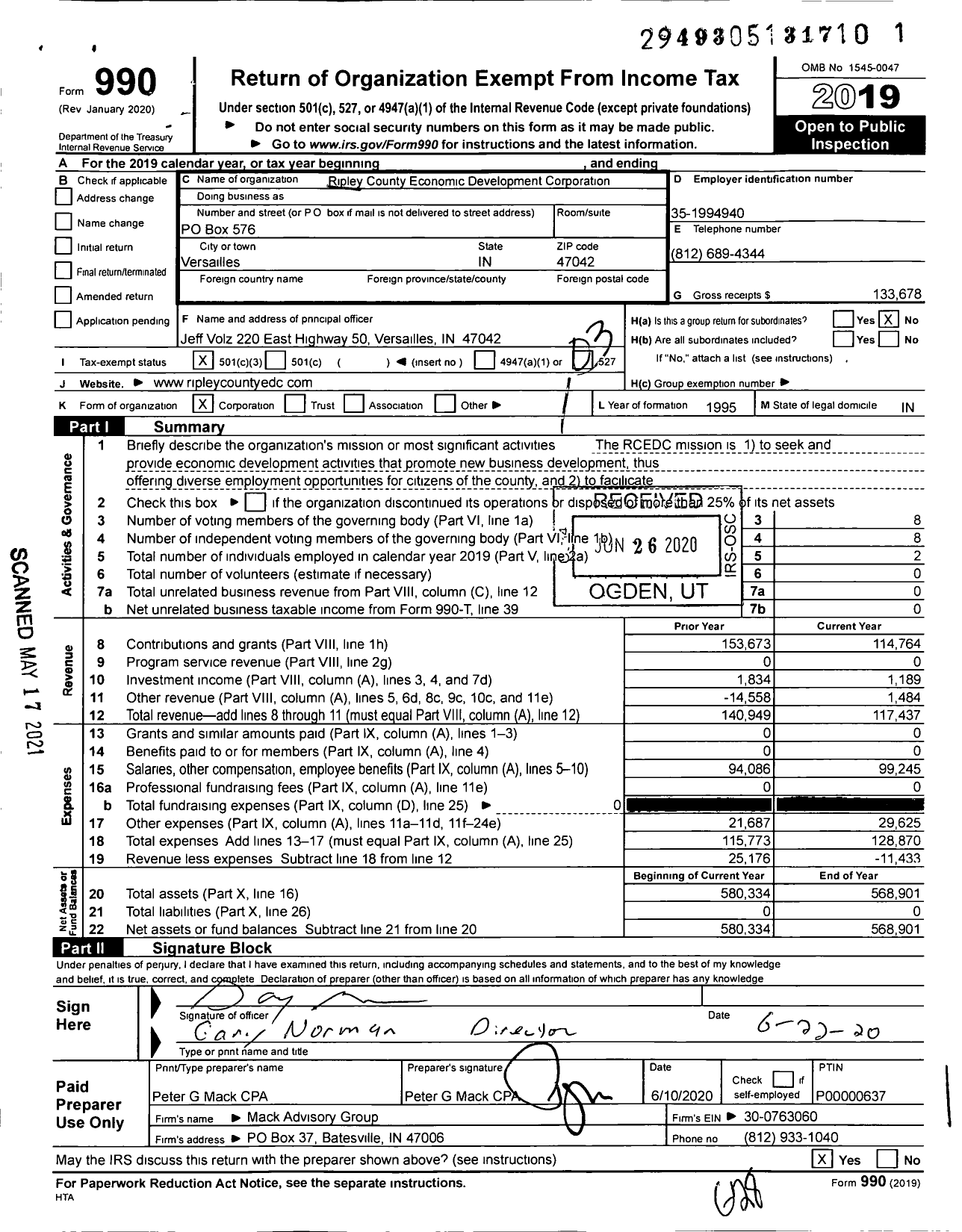 Image of first page of 2019 Form 990 for Ripley County Economic Development Corporation