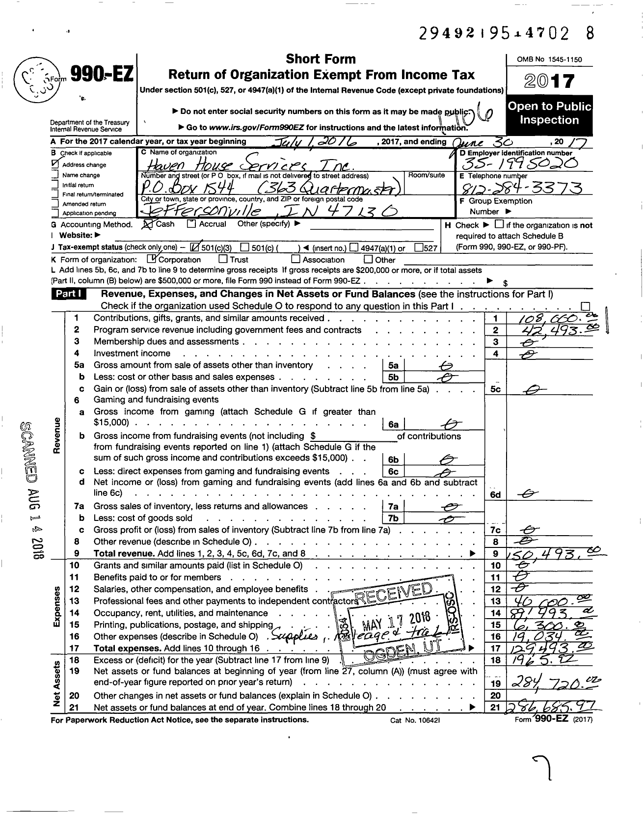 Image of first page of 2016 Form 990EZ for Haven House Services