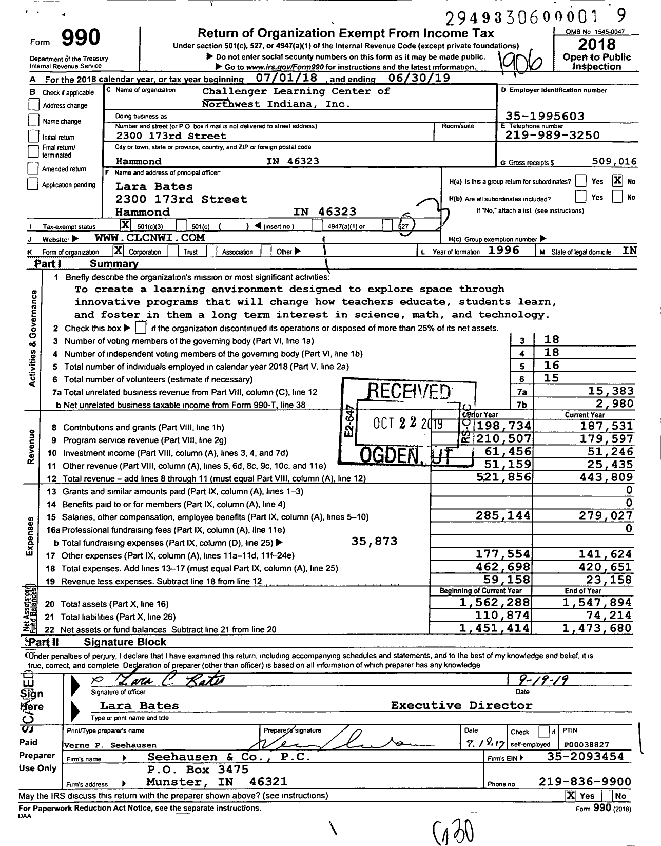 Image of first page of 2018 Form 990 for Challenger Learning Center of Northwest Indiana