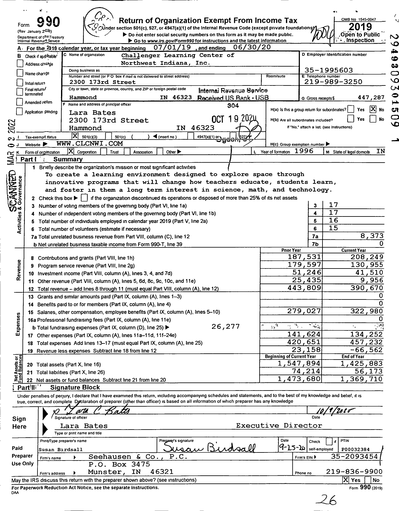 Image of first page of 2019 Form 990 for Challenger Learning Center of Northwest Indiana