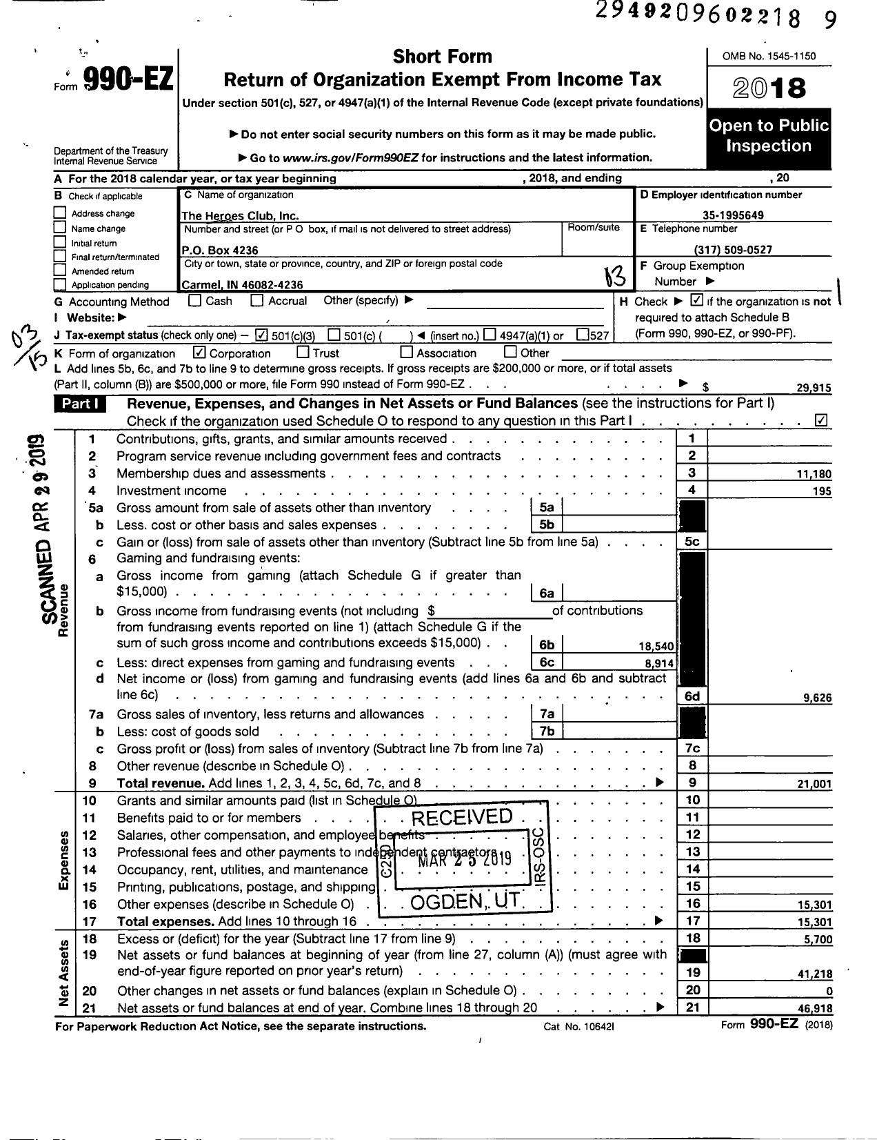 Image of first page of 2018 Form 990EZ for The Heroes Club