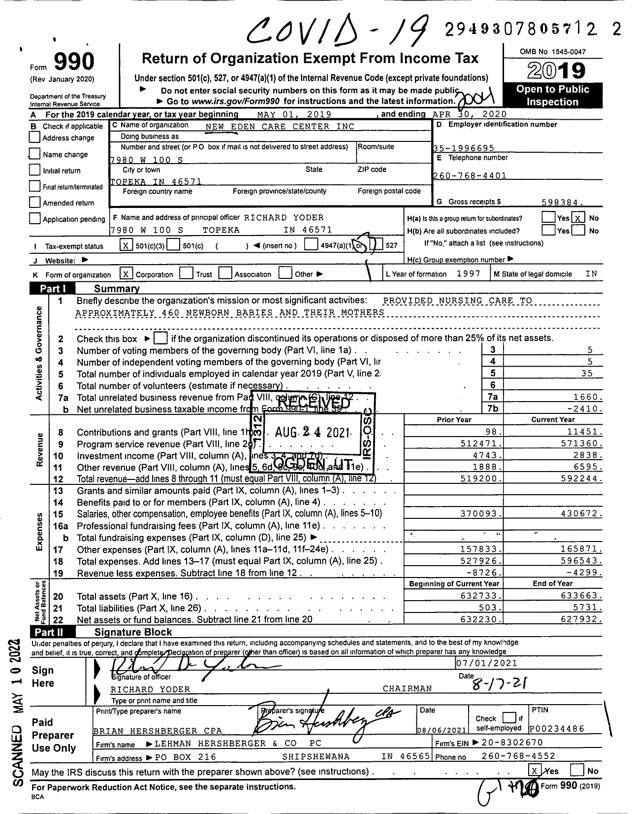 Image of first page of 2019 Form 990 for New Eden Care Center