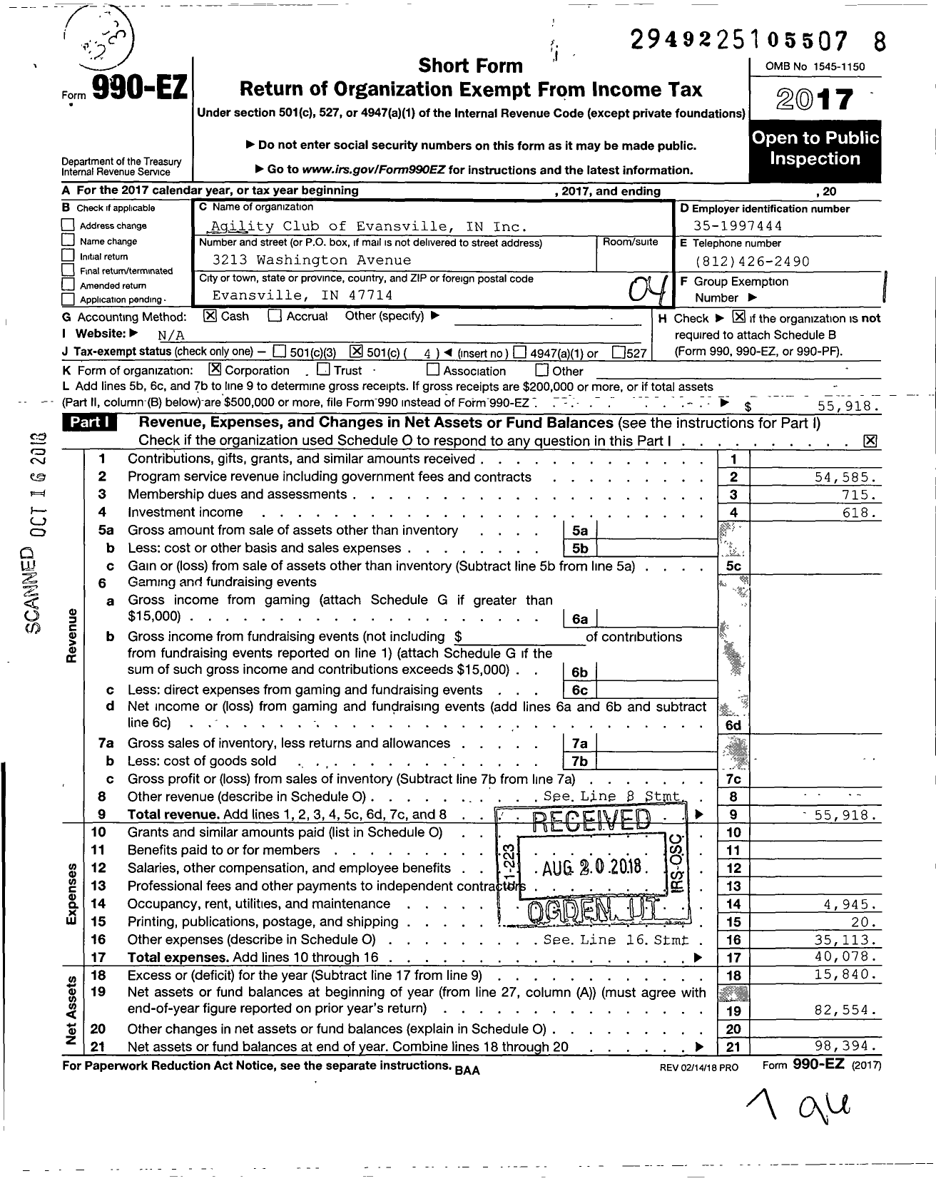 Image of first page of 2017 Form 990EO for Agility Club of Evansville