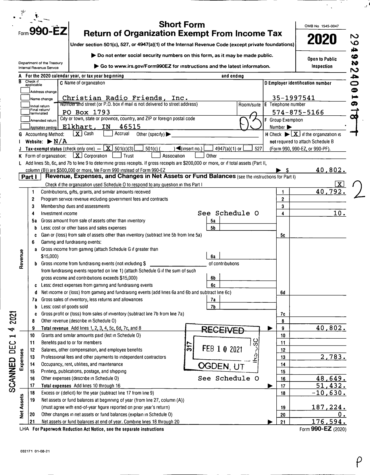 Image of first page of 2020 Form 990EZ for Christian Radio Friends