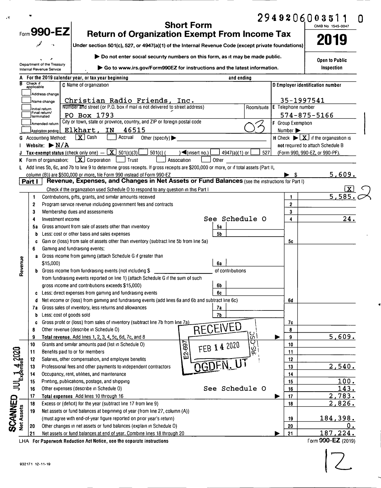 Image of first page of 2019 Form 990EZ for Christian Radio Friends
