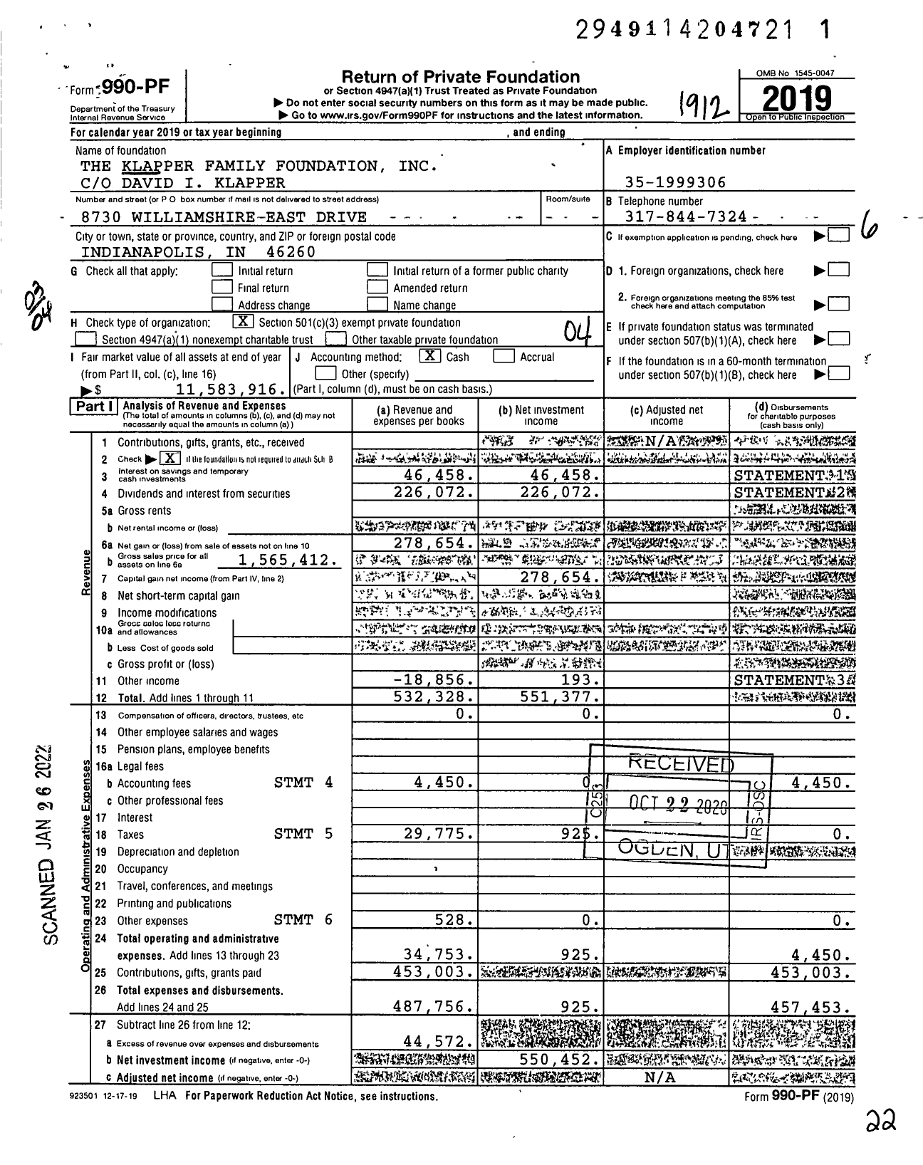 Image of first page of 2019 Form 990PF for The Klapper Family Foundation