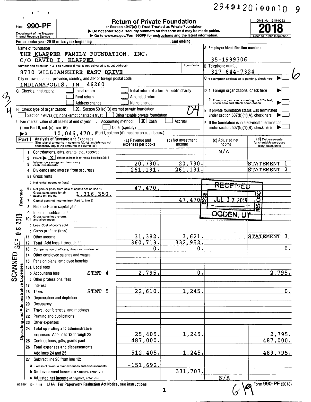 Image of first page of 2018 Form 990PF for The Klapper Family Foundation