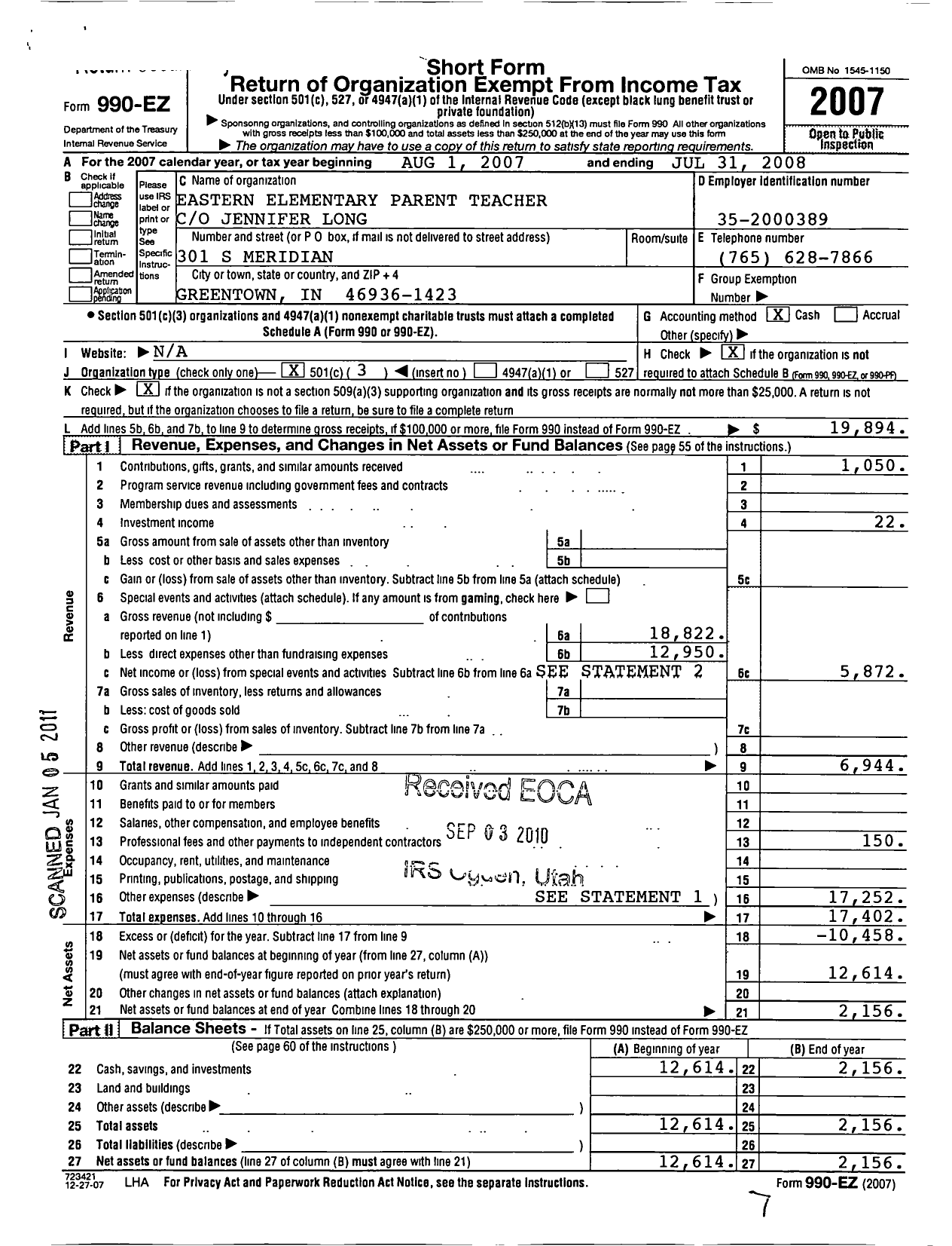 Image of first page of 2007 Form 990EZ for Eastern Elementary Parent Teacher Organization