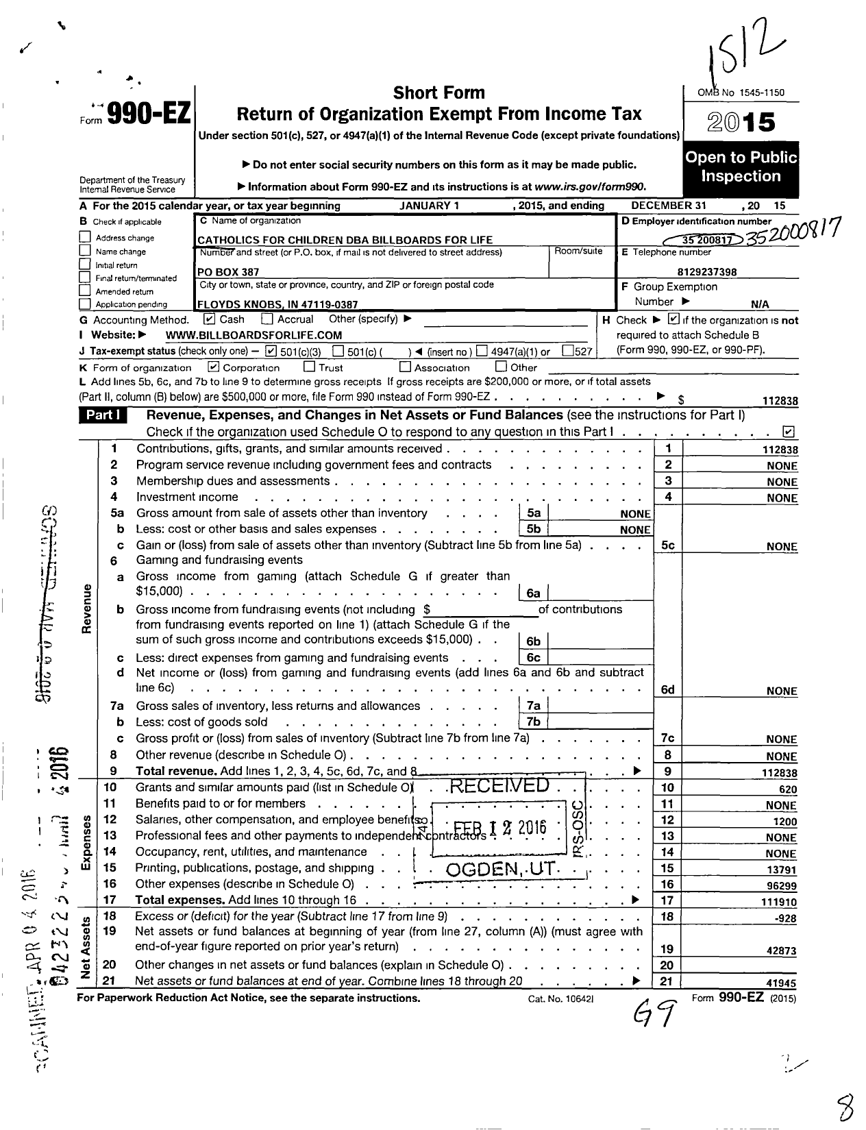 Image of first page of 2015 Form 990EZ for Billboards For Life