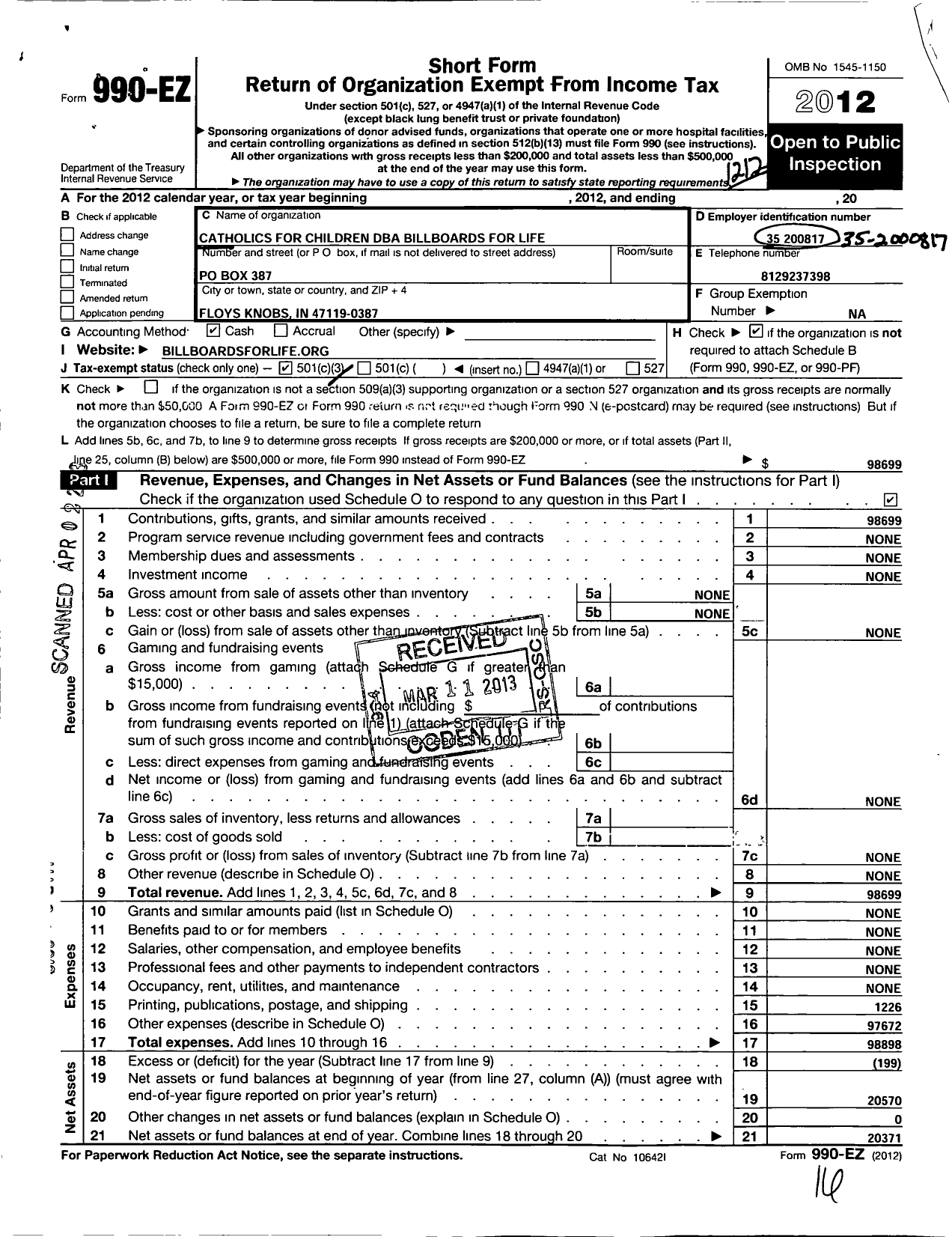 Image of first page of 2012 Form 990EZ for Billboards For Life