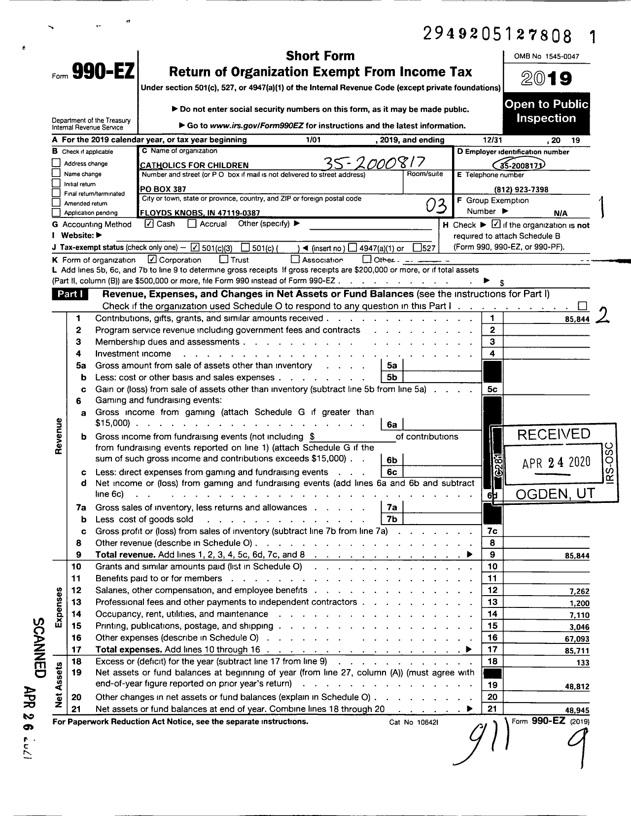 Image of first page of 2019 Form 990EZ for Billboards For Life