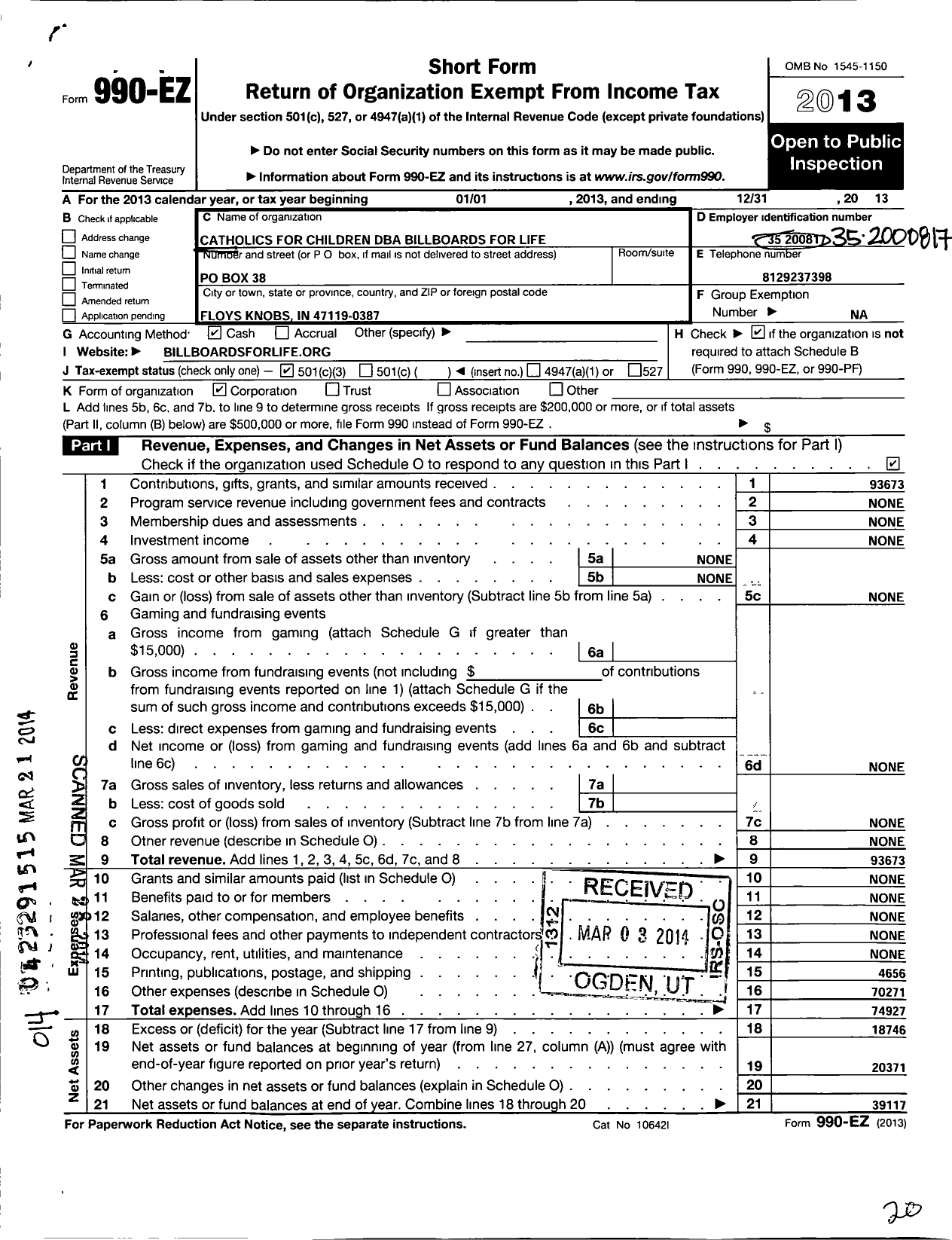 Image of first page of 2013 Form 990EZ for Billboards For Life