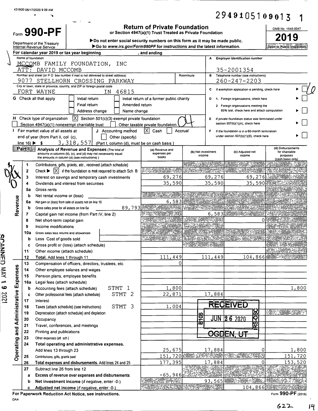 Image of first page of 2019 Form 990PF for Mccomb Family Foundation