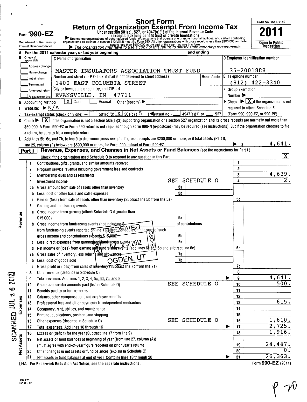 Image of first page of 2011 Form 990EO for Master Insulators Association Trust Fund